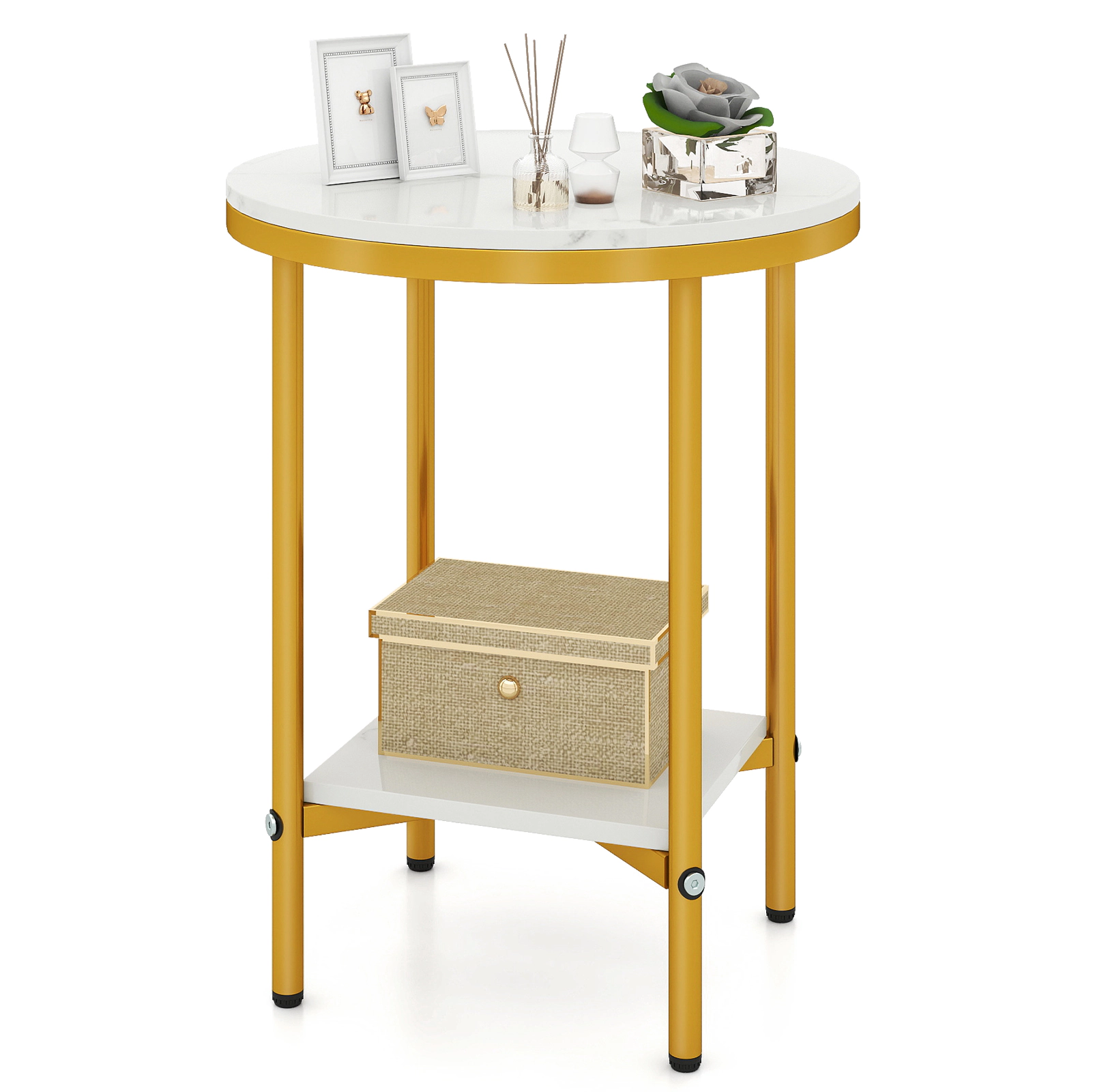 Glintex 2-Piece Round Faux Marble Accent Table Set with X-Braced Gold Frames, White