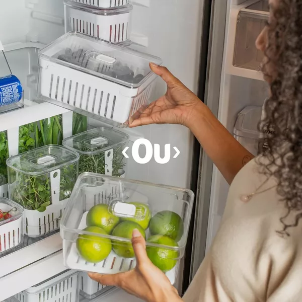 OU Fridge Organizer Bins w/ Drain Basket & Vented Lid, Clear Stackable Storage Container, BPA Free, 2 Pack (2.3qt Each)