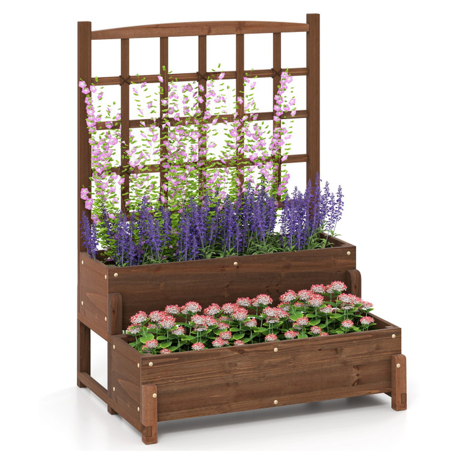 SUGIFT Space-Saving Raised Garden Bed with Trellis 2-Tier Planter Box 110-lb Capacity Rustic Brown