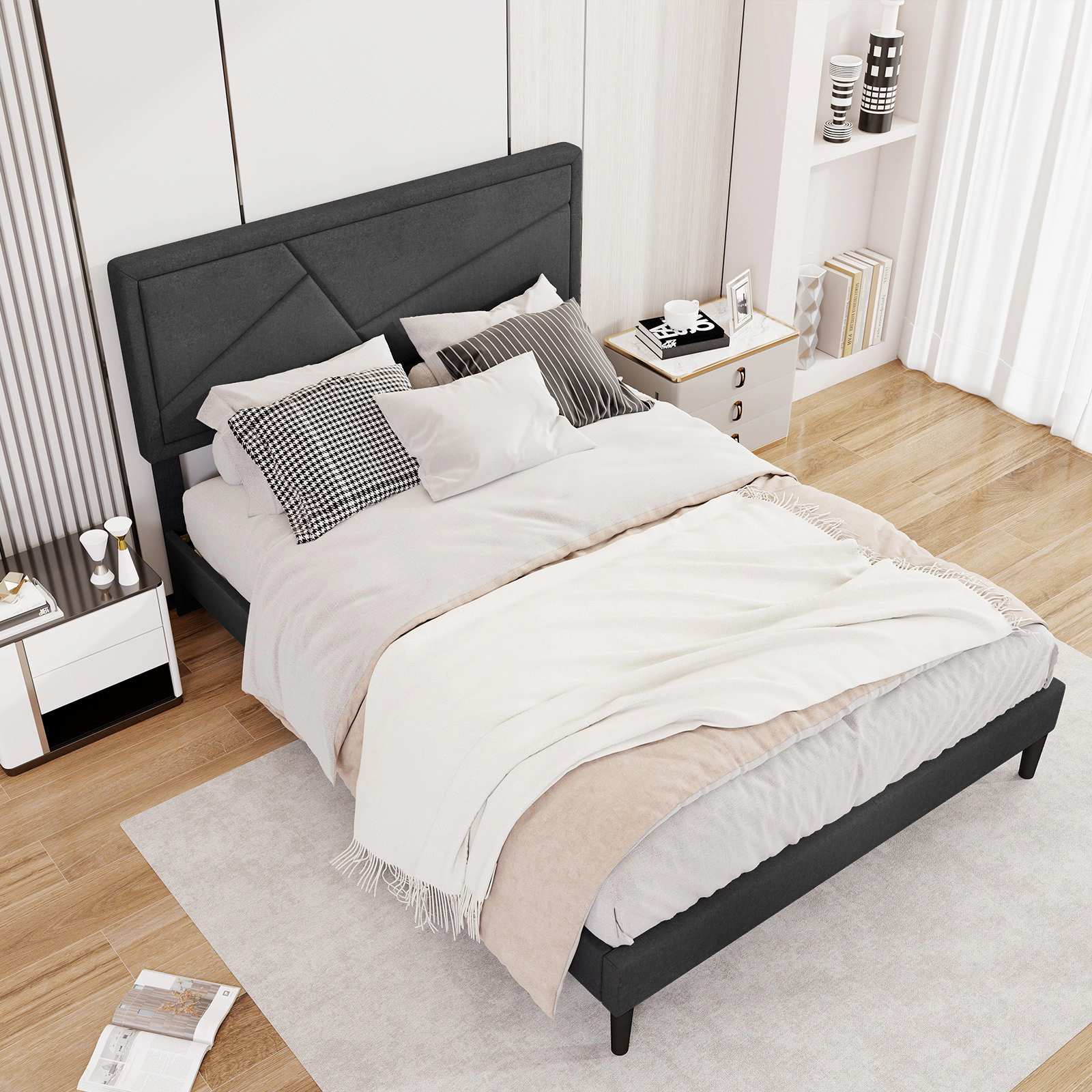 SUGIFT Gray High Headboard and 12 Slats Full Size Upholstered Platform Bed Frame
