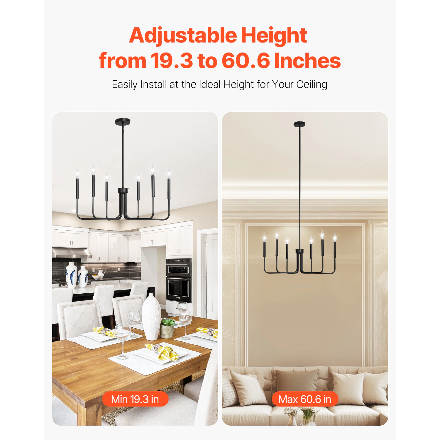 HONGGE 6-Light Chandelier Farmhouse Chandelier Adjustable Height Dining Room Hanging Light Fixture for Ceilings Modern