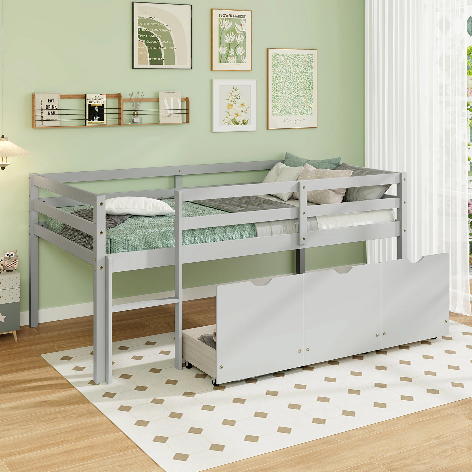 SUGIFT Gray 3 Drawers Ladder and Full-Length Guardrails Twin Kids Low Loft Bed