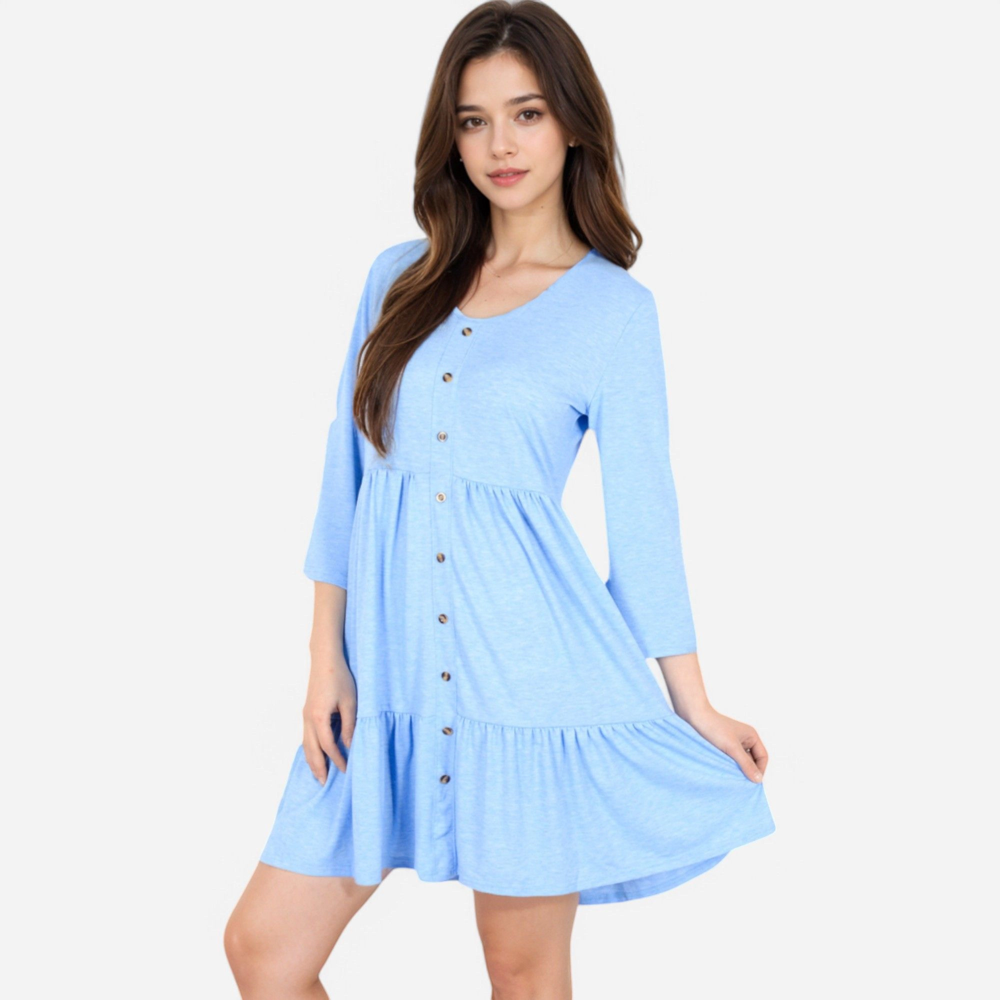 Anna-Kaci Women's V Neck Button Front Babydoll 3/4 Sleeve Tiered Ruffle Hem Dress