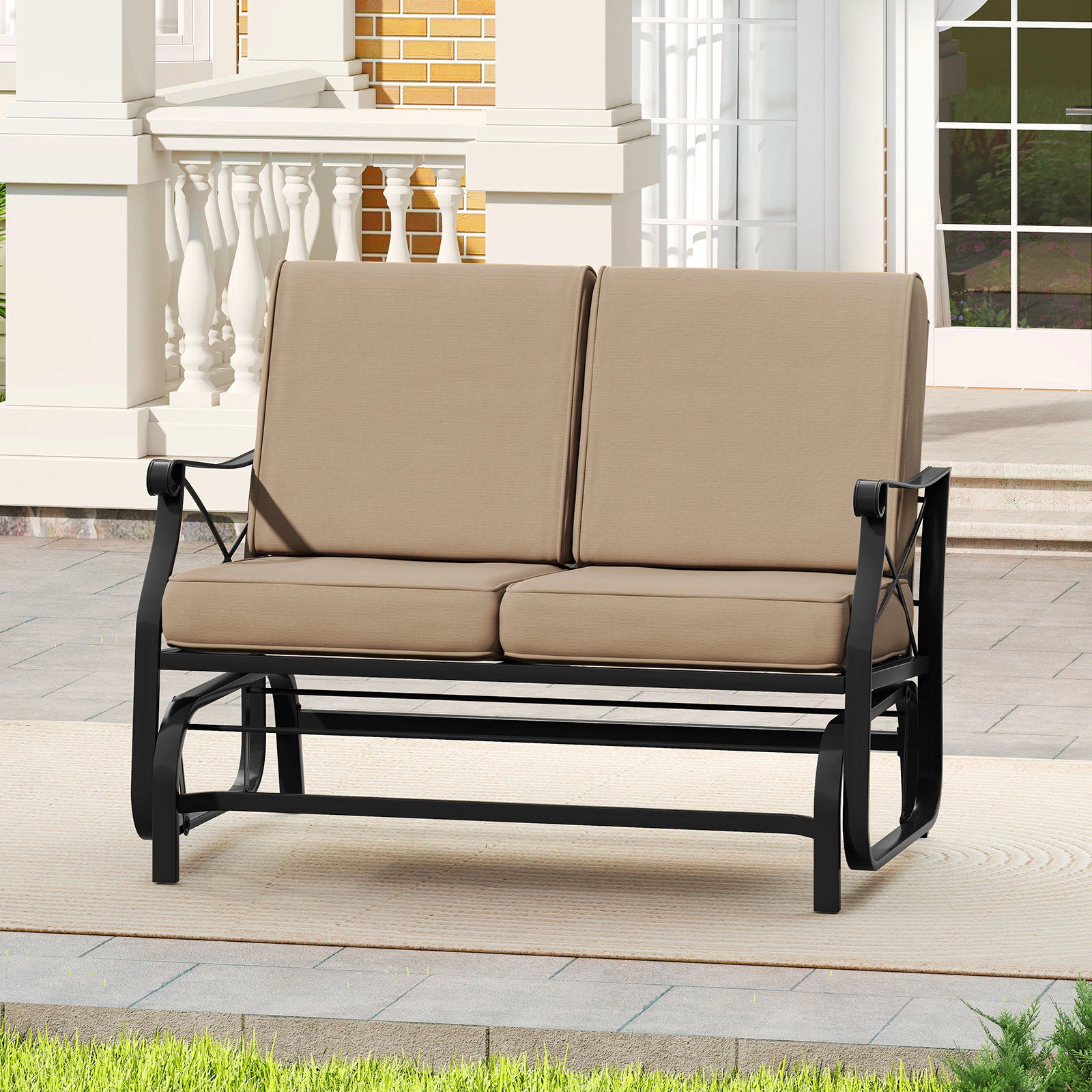 LJG Outdoor 2-Person Glider Rocking Chair Loveseat with Thick Cushions and Metal Frame