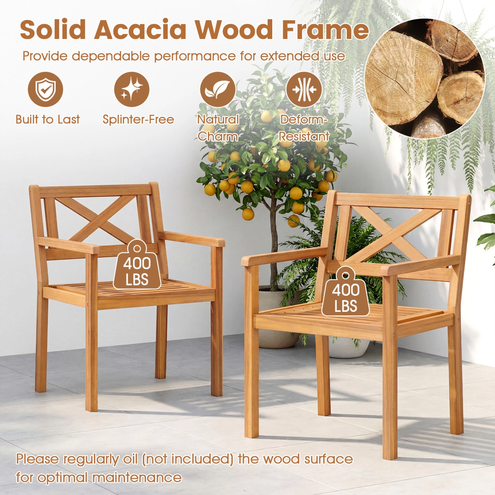 SUGIFT Acacia Wood Patio Dining Armchairs 400-lb Capacity Set of 2 Teak Finish 22-in Frame 20 x 18 in Ventilated Seat