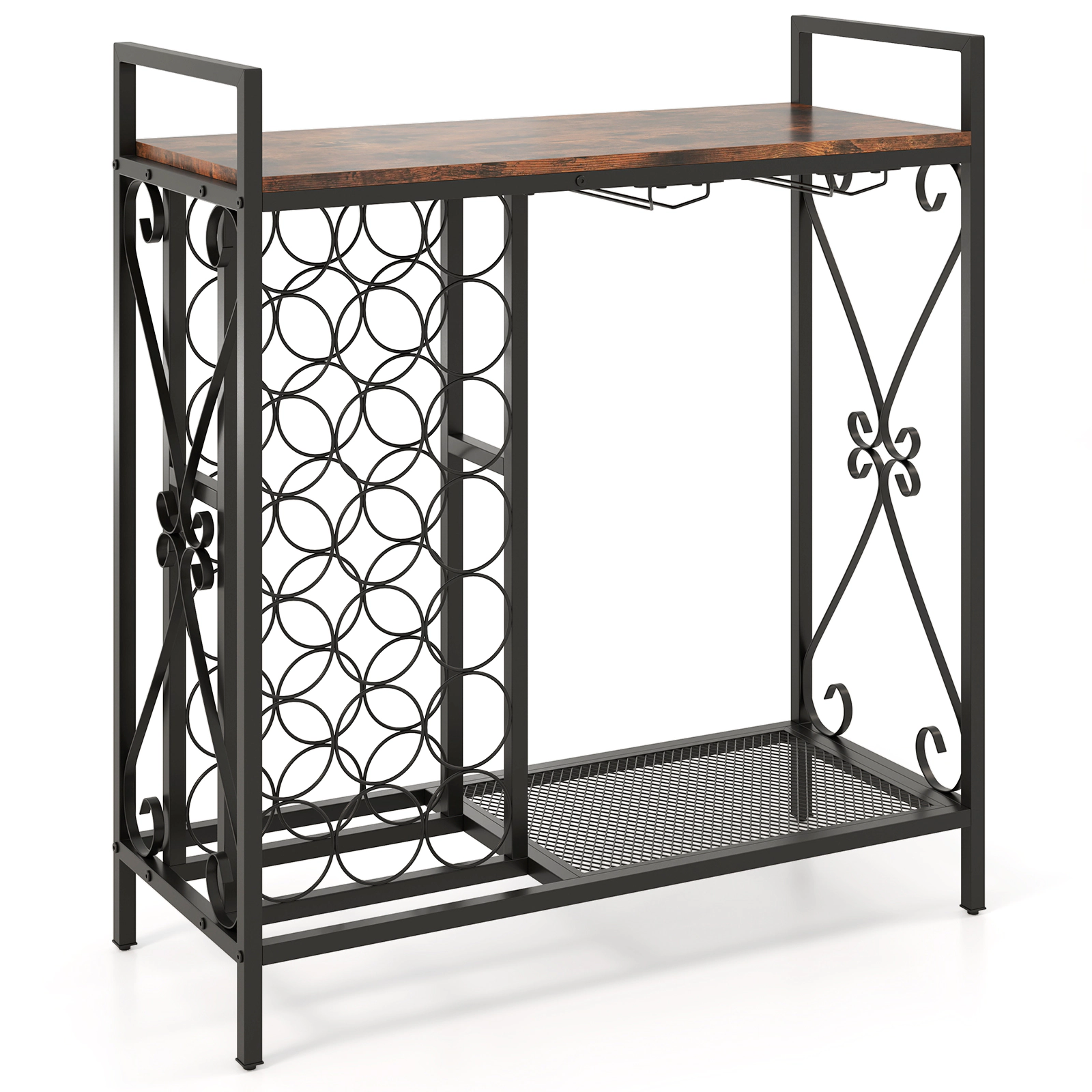SUGIFT 21 Bottle Wine Rack Rustic Brown Freestanding Floor Organizer with Glass Holder