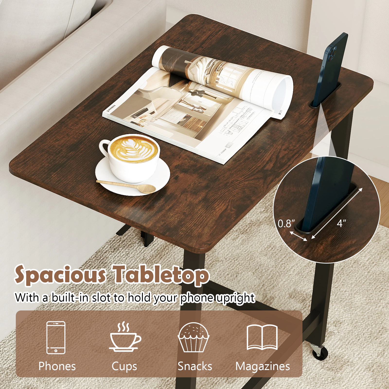 Glintex Rolling C-Shaped Bedside Table with Built-In Phone Slot and Locking Casters, Rustic Brown