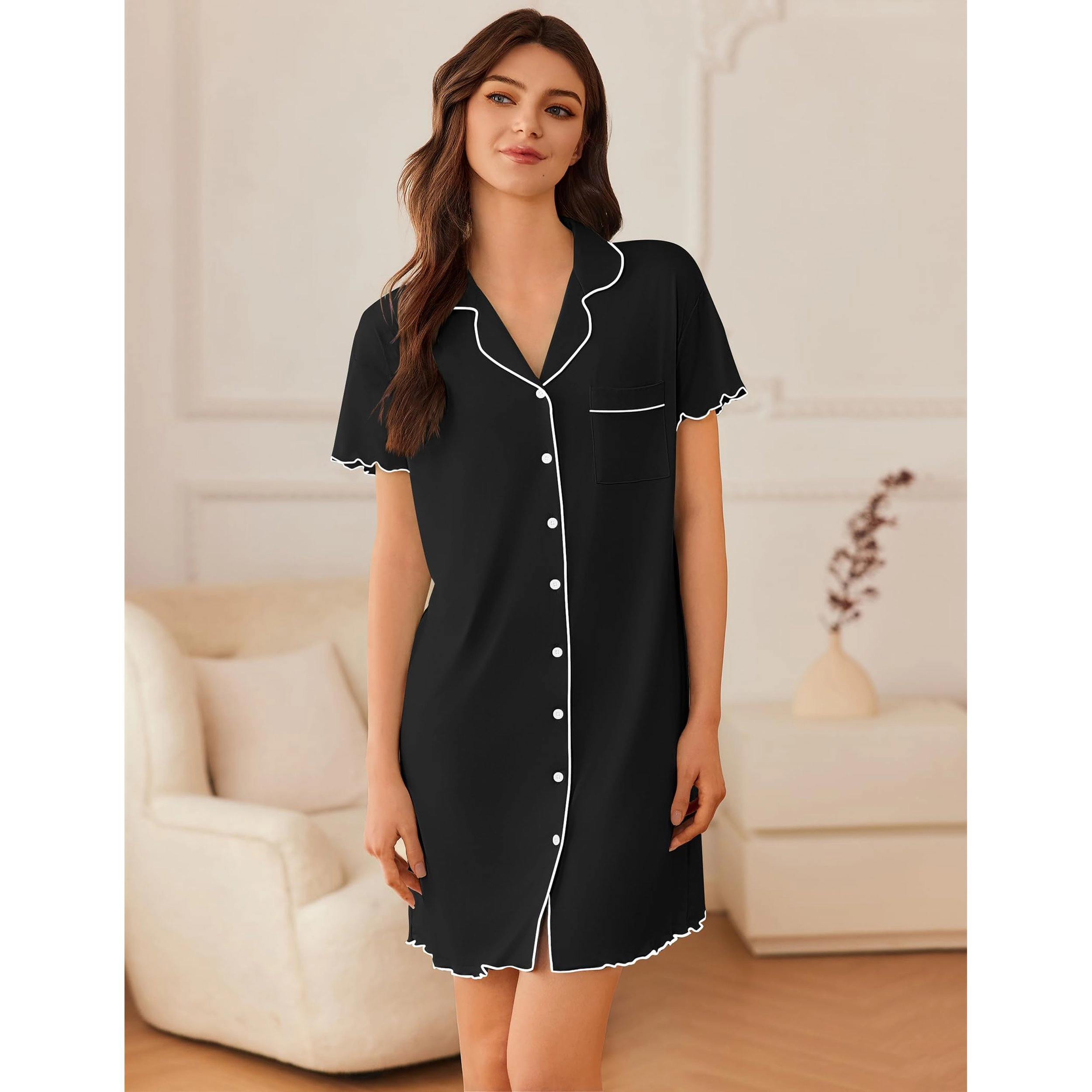Ekouaer Nightgowns for Women Button Down Sleep Shirt Short Sleeve NightShirts Boyfriend Sleepdress