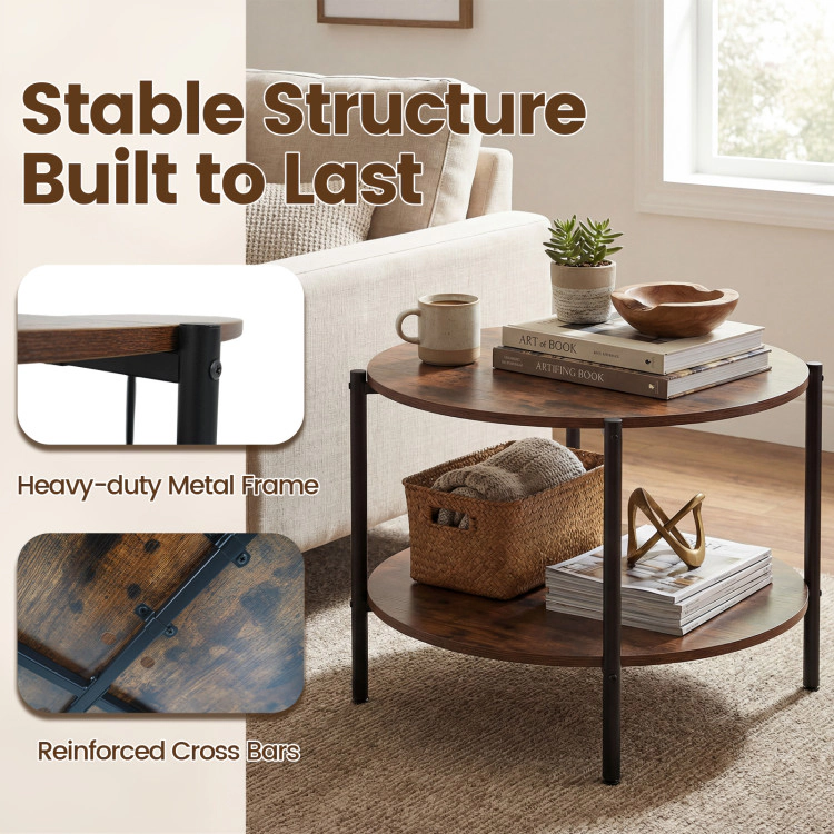 Hivvago Round Coffee Table 2-Tier Industrial Accent Table With Open Storage Shelf