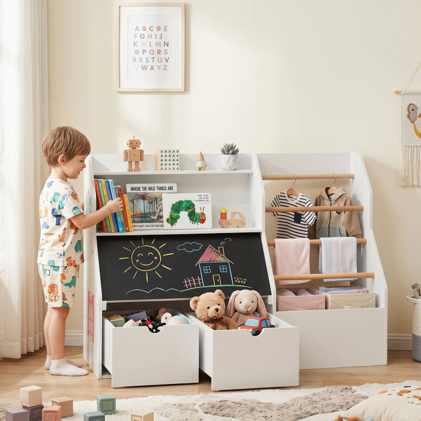 SUGIFT White Wooden Kids Toy Storage Organizer with Flip-Up Blackboard 5 Pine Hanging Rods and 4 Wheels