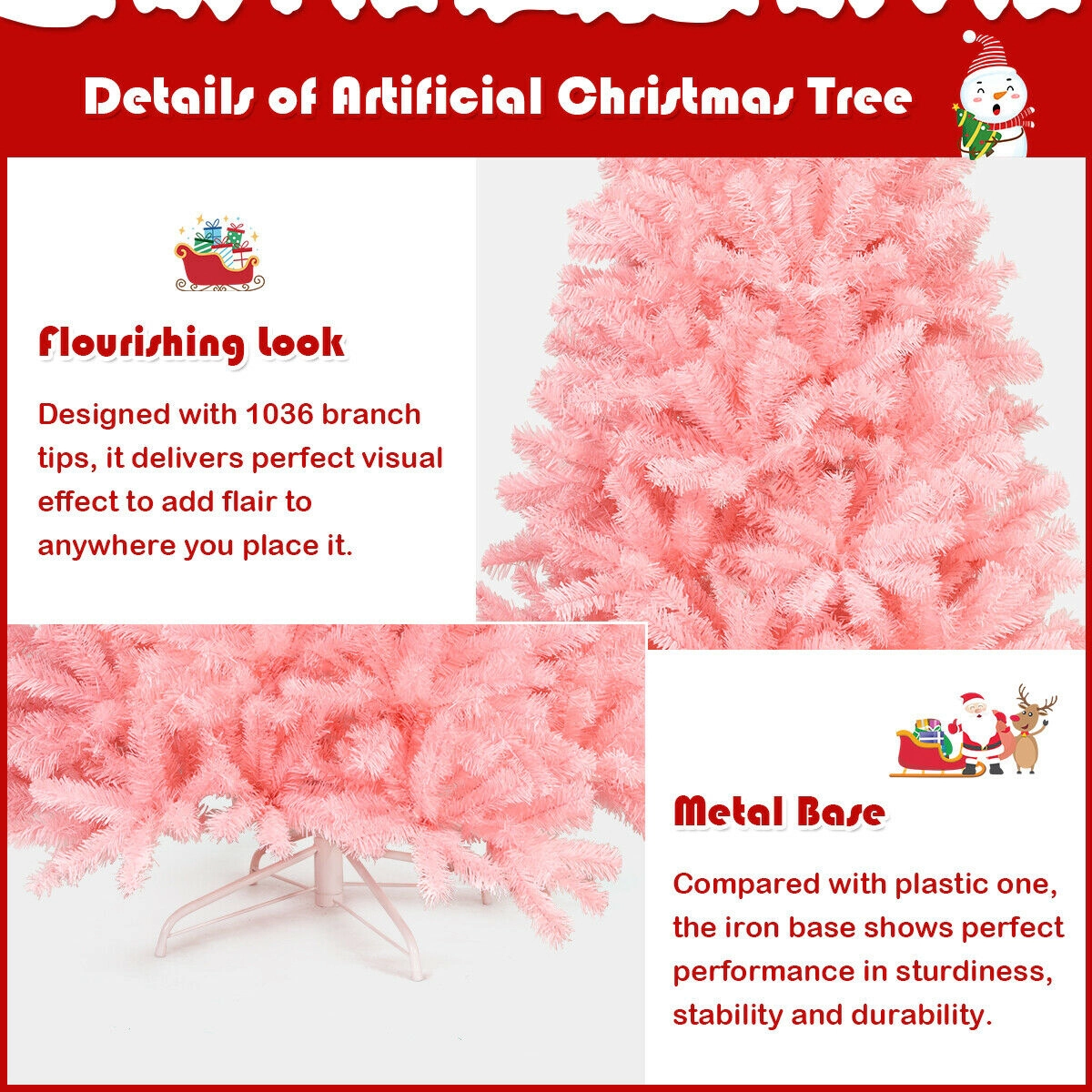 SUGIFT Full-Bodied 6-ft Hinged Spruce Artificial Christmas Tree with 1036 Tips and Foldable Metal Stand Pink