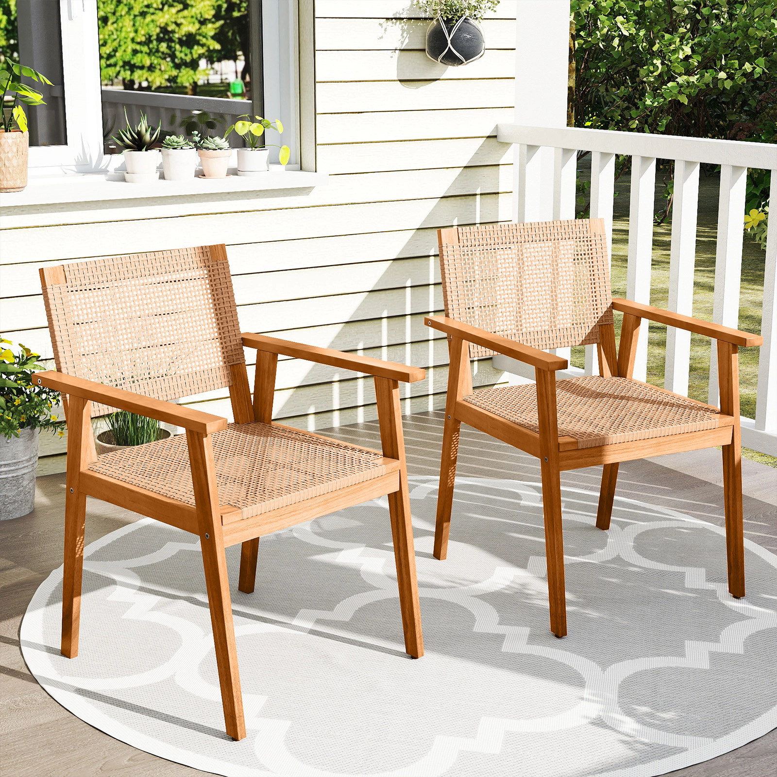 LJG Acacia Wood Outdoor Dining Chairs Set of 2 PE Rattan Patio Chairs with Backrests and Armrests