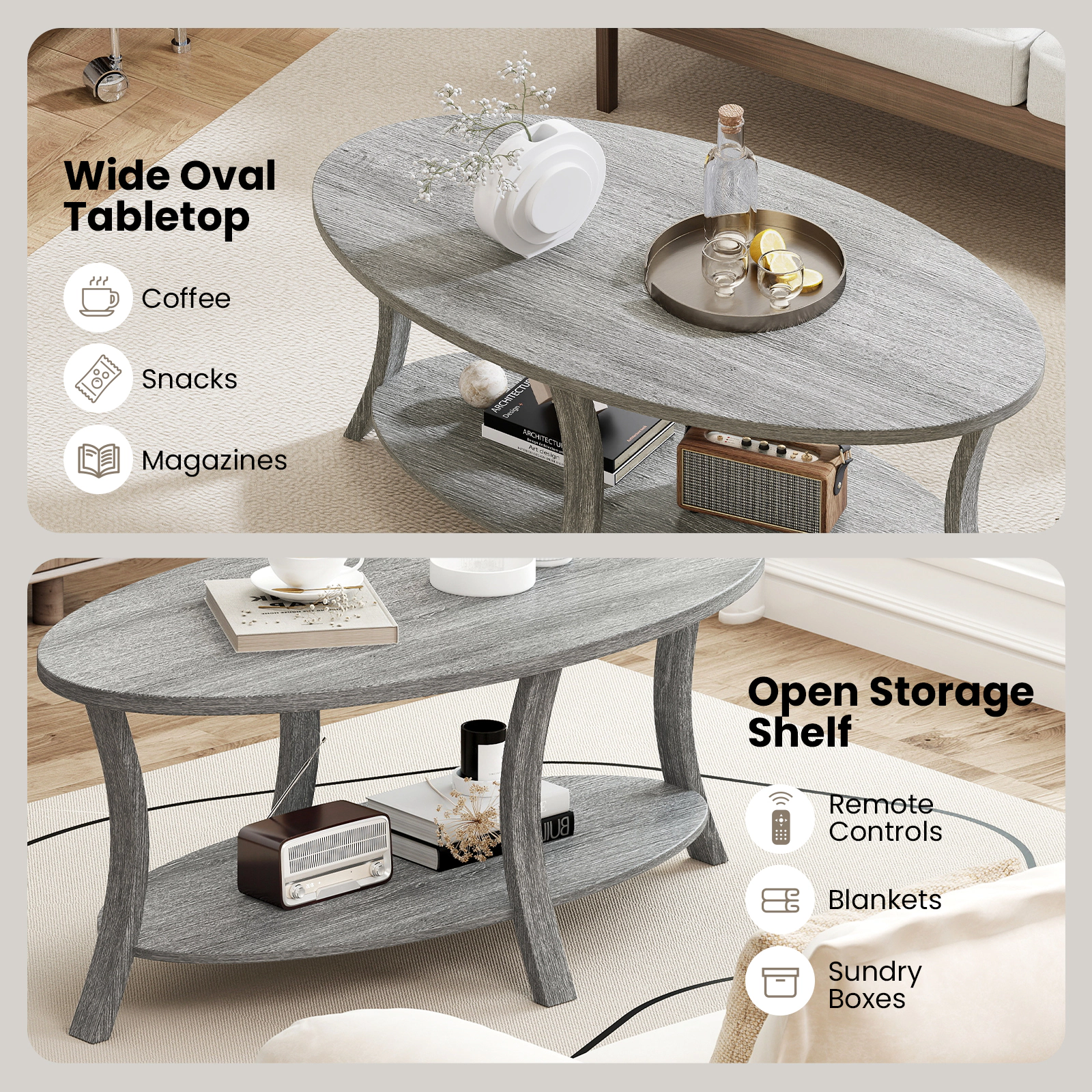 Glintex 2-Tier 44-Inch Oval Coffee Table with Storage Shelf and Wood Legs, Gray