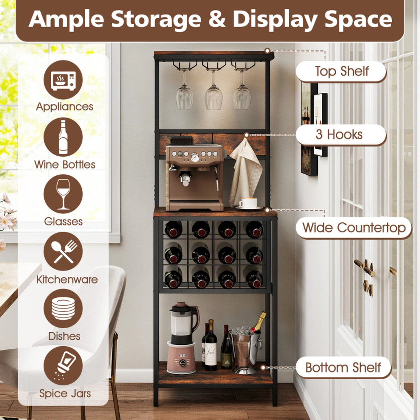 SUGIFT Freestanding Wine Bar Cabinet Rustic Brown with 12 Bottle Rack and Glass Racks
