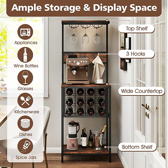 SUGIFT Rustic Brown Freestanding Wine Cabinet Bar with 12 Bottle Rack and Glass Racks 14.5-in W 61.5-in H