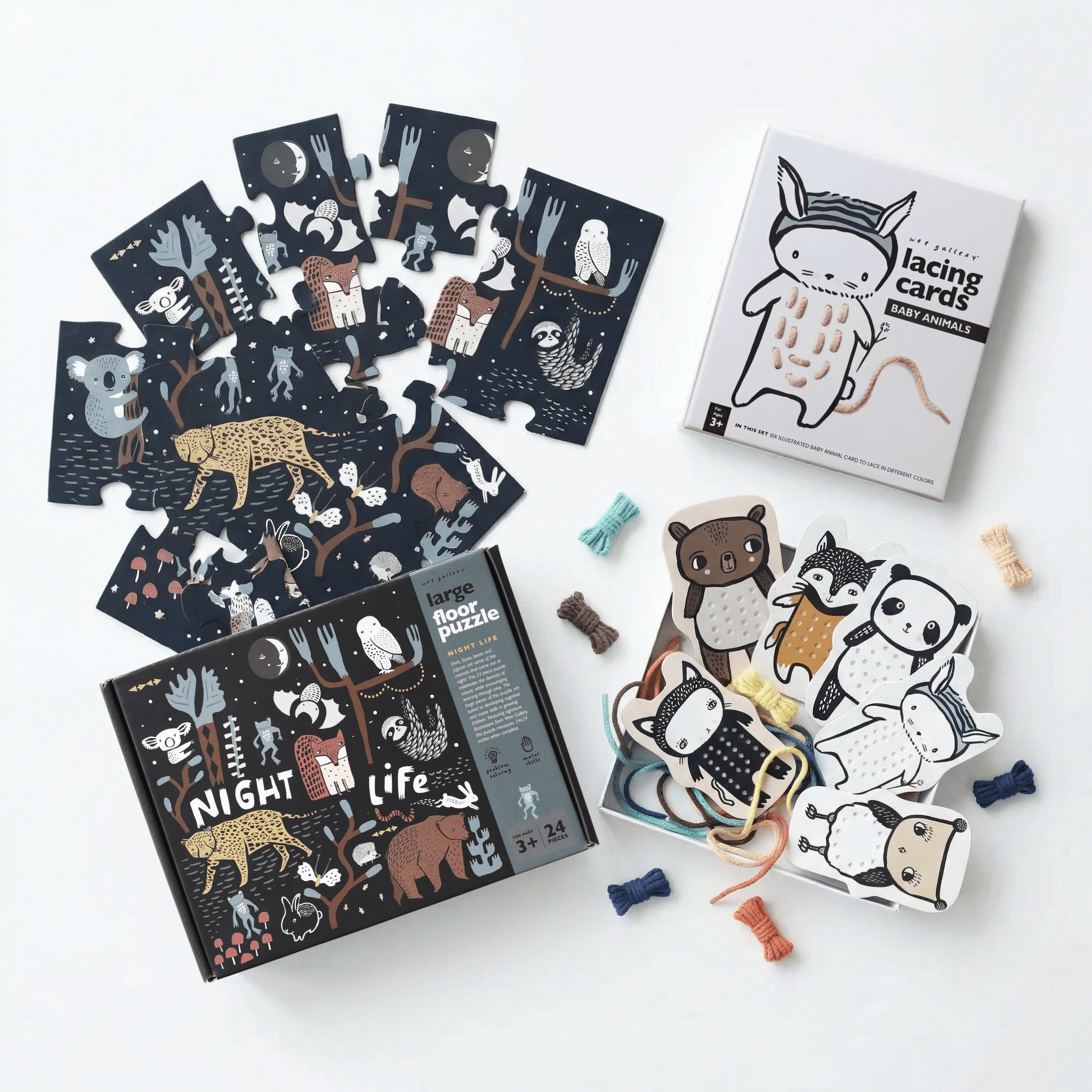 Wee Gallery Wild Adventure Bundle - Night Life 24-Piece Floor Puzzle and Baby Animals Lacing Cards