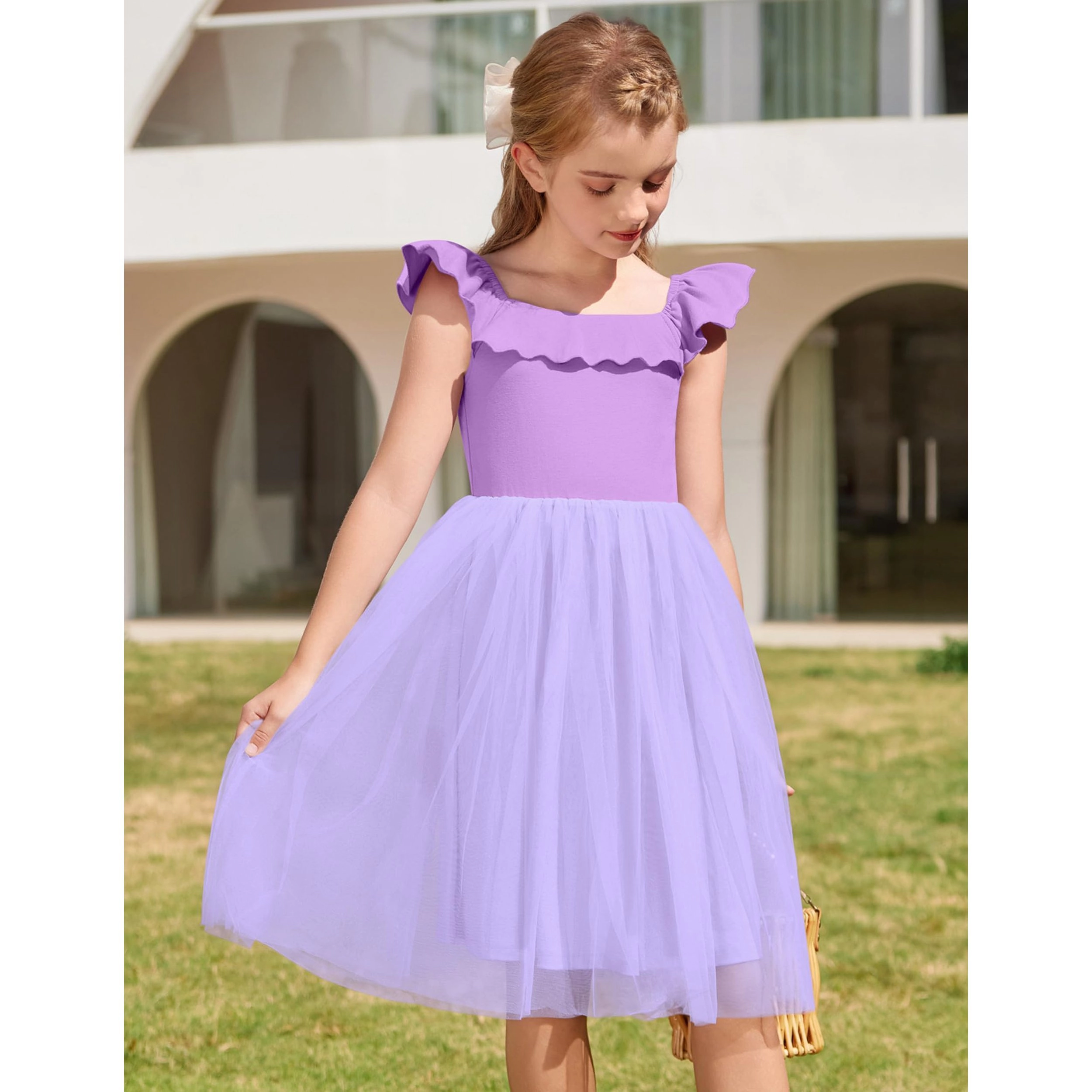 Arshiner Girls Dresses Summer Square Neck Ruffle Sleeve Formal Party