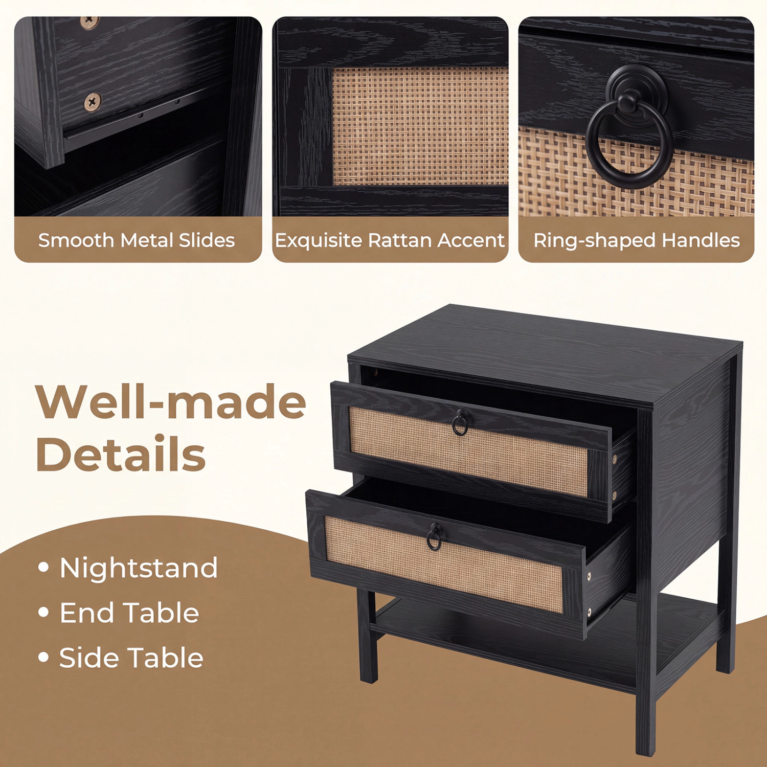 Hivvago Boho Rattan Nightstand with 2 Drawers and Bottom Open Shelf