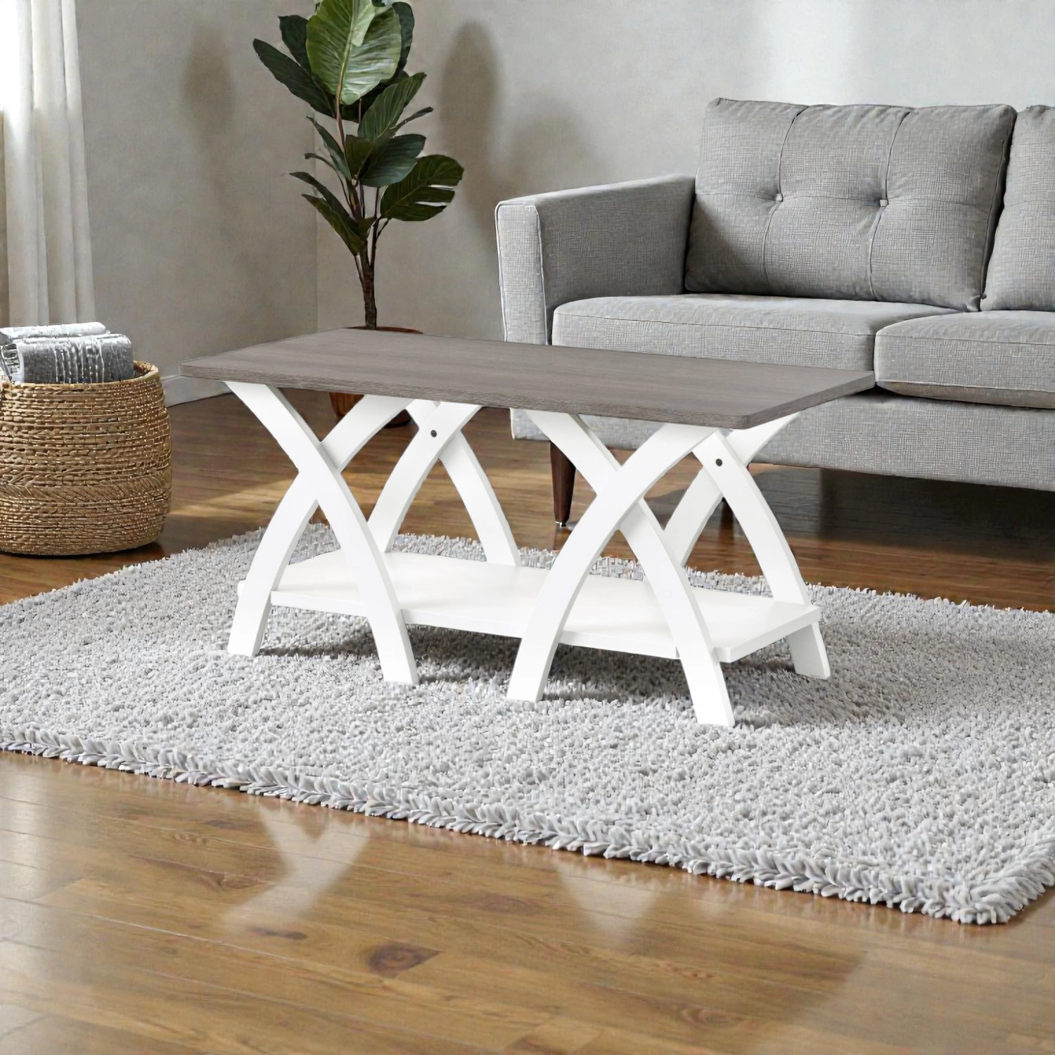 Hivvago Vintage-Inspired 40" Coffee Table with Storage Platform and X-Frame Legs