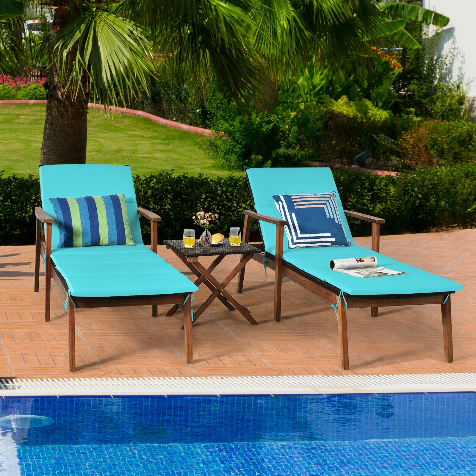 SUGIFT 3-Piece Cushioned Rattan Lounge Chair Conversation Set with Folding Side Table 600-lb Chair Capacity Turquoise
