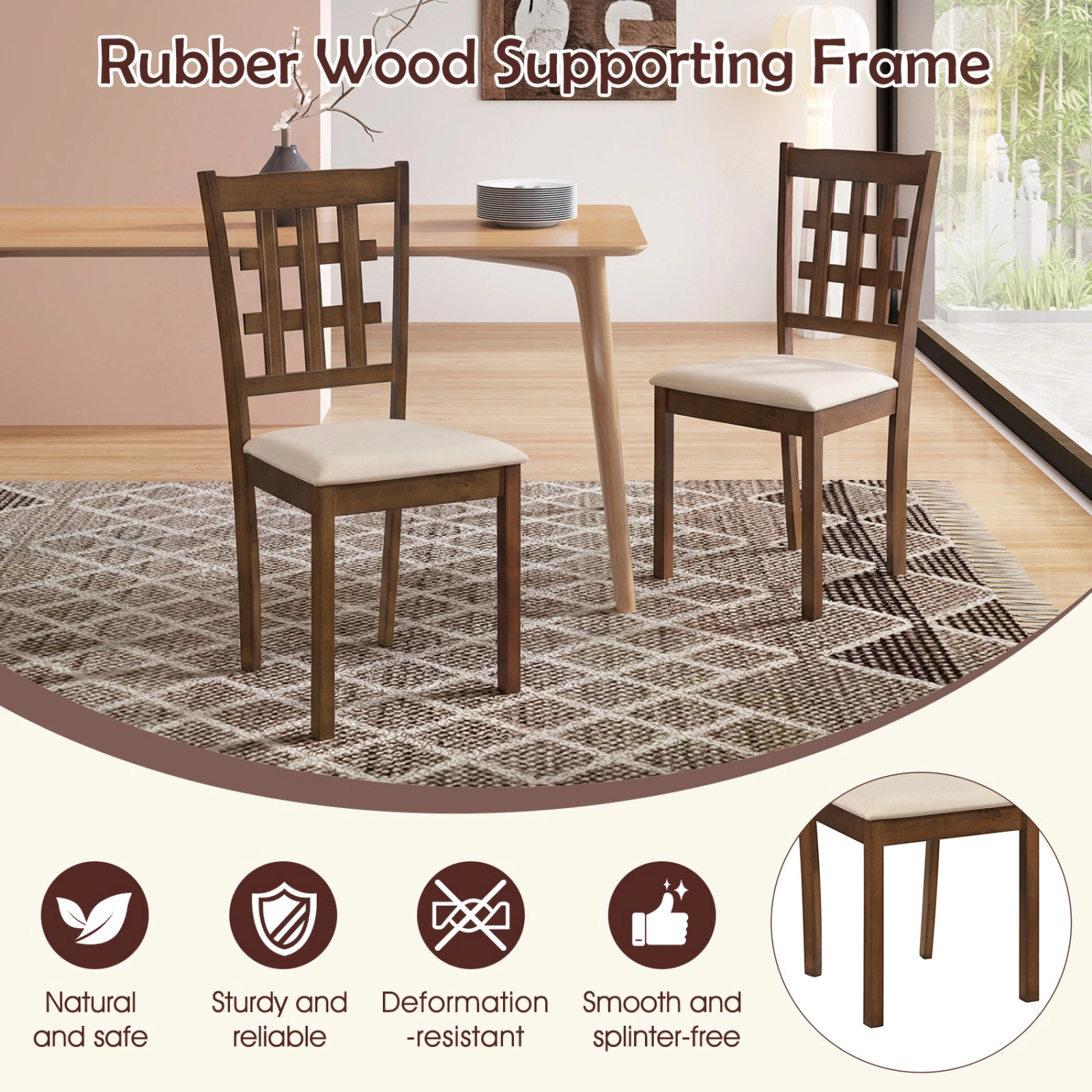SUGIFT Set of 2 Wood Kitchen Chairs with Faux Leather Upholstered Seat 330-lb Capacity Walnut + Beige