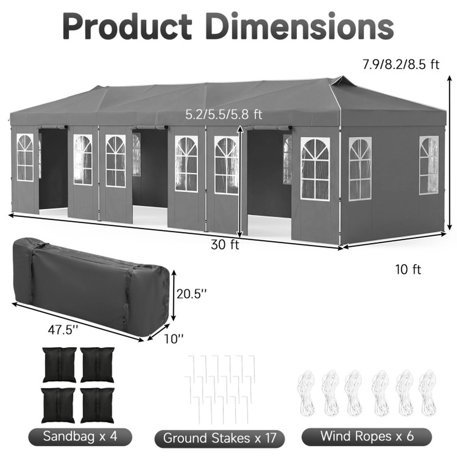 SUGIFT Pop Up Canopy Tent with 8 Sidewalls and Adjustable Height 10 x 30-ft Gray