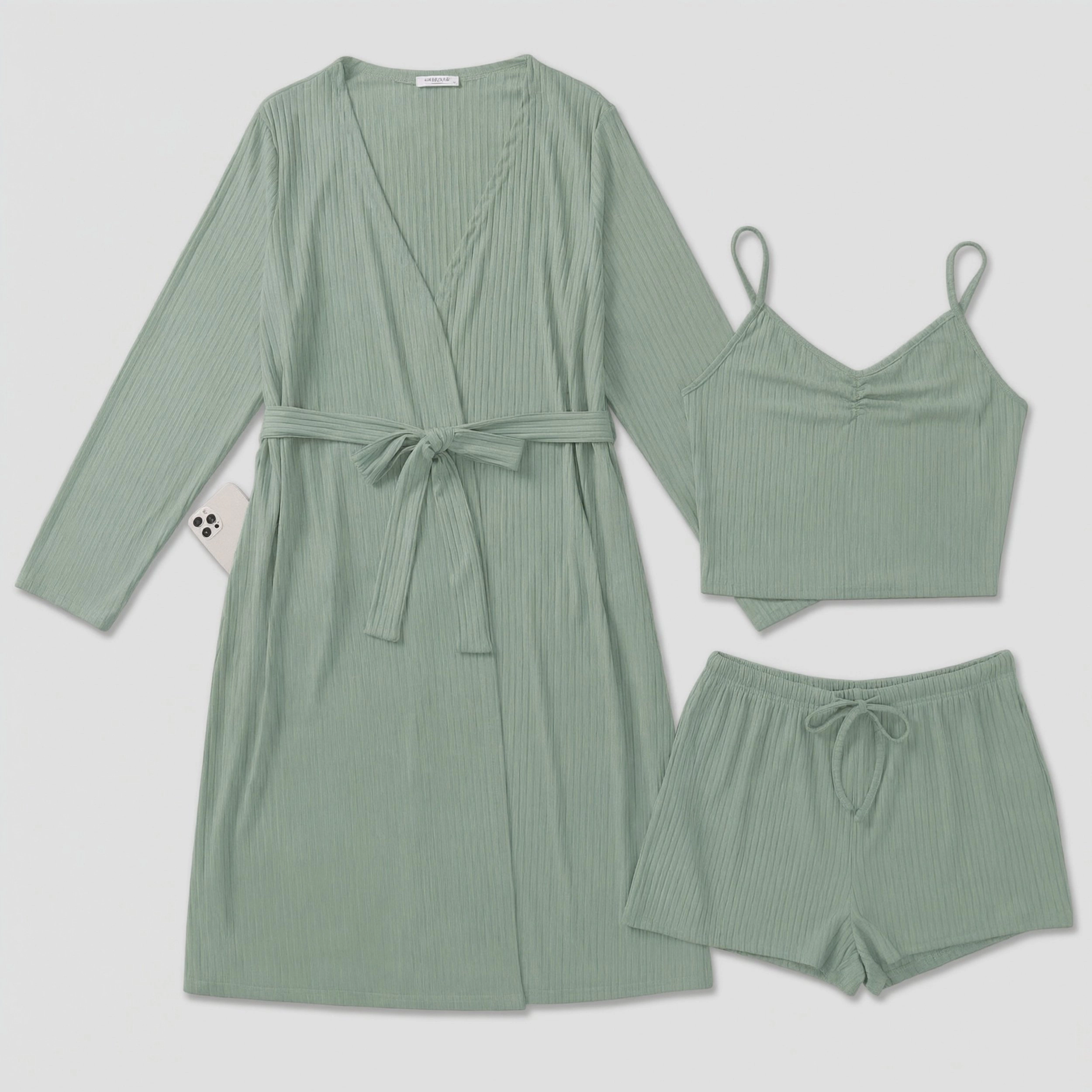 Ekouaer Rib Knit Pajamas Set Three Piece Lounge Sets Soft Cami and Shorts Pjs with Cardigan