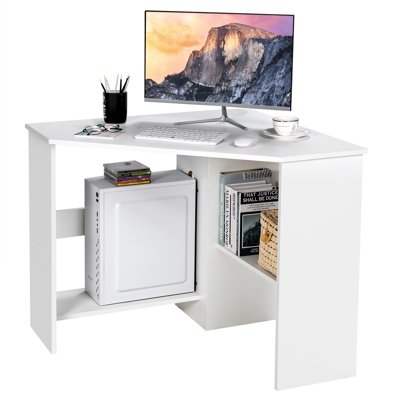 SUGIFT Triangle Corner Computer Desk Writing Workstation with Storage Shelf 200-lb Tabletop Capacity White
