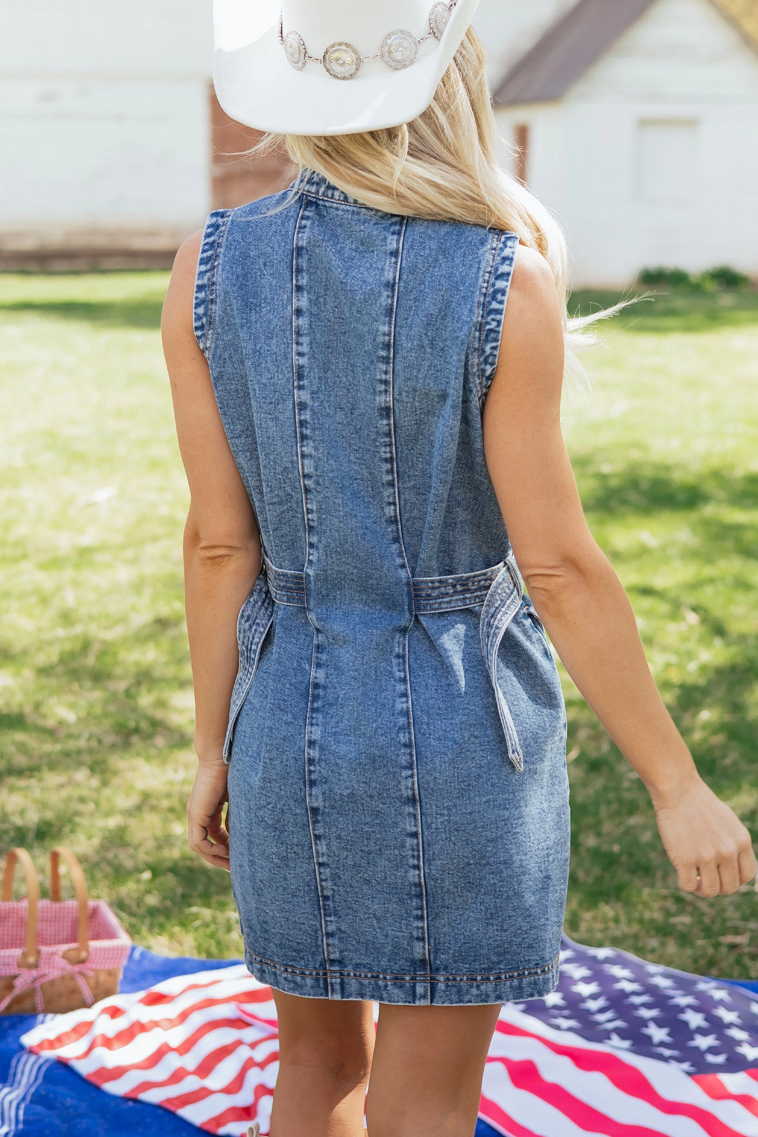 19092 Ainara Denim Sleeveless Short Dress - Belted Button-Front, Round Neck
