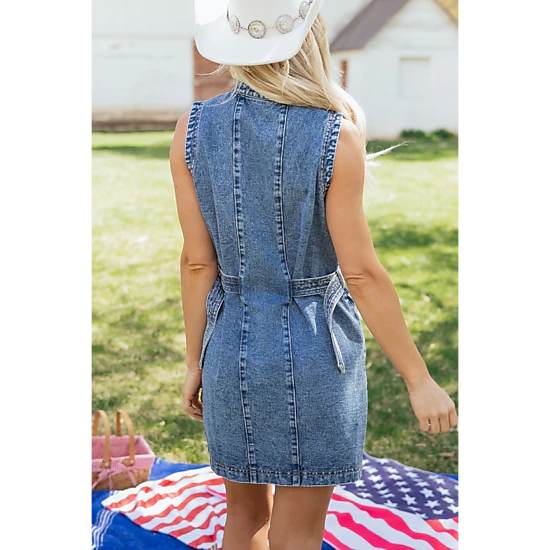 19092 Ainara Denim Sleeveless Short Dress - Belted Button-Front, Round Neck