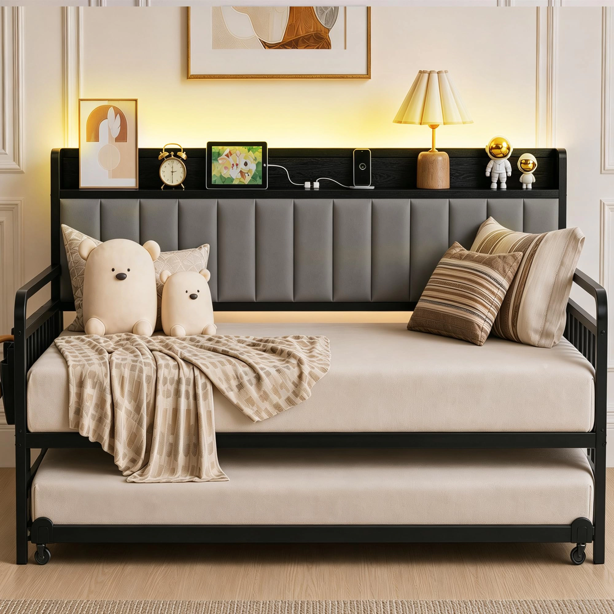 Metal Daybed with Trundle, Upholstered Storage Headboard, Charging Station, LED Lights and Lockable Casters