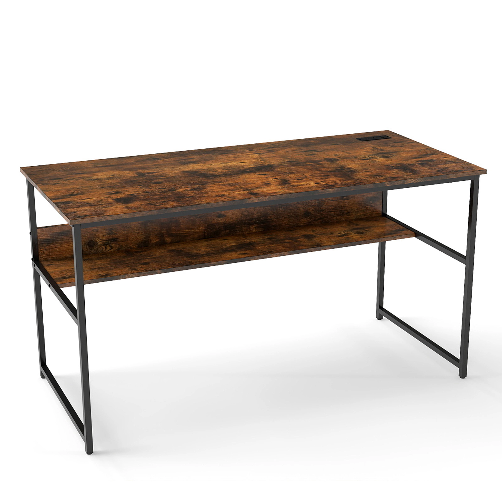 SUGIFT 55-Inch Rustic Brown Computer Desk with Outlets, USB Ports and Storage Shelf