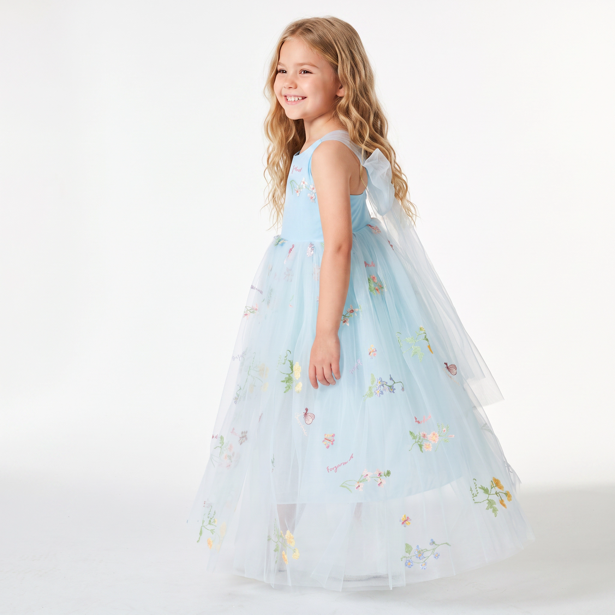 2Bunnies Girls' 12M-10Y Floral Garden Embroidered Tulle Strap Flower Girl Dress Maxi