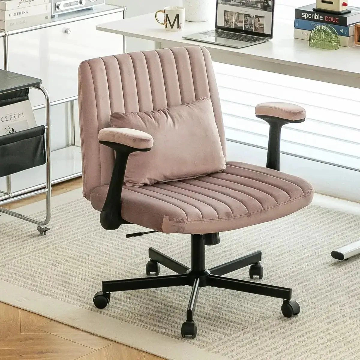 Platinum-Level Office Chairs Dark Pink Velvet Criss-Cross Armchair with Wheels & Memory Foam Pad