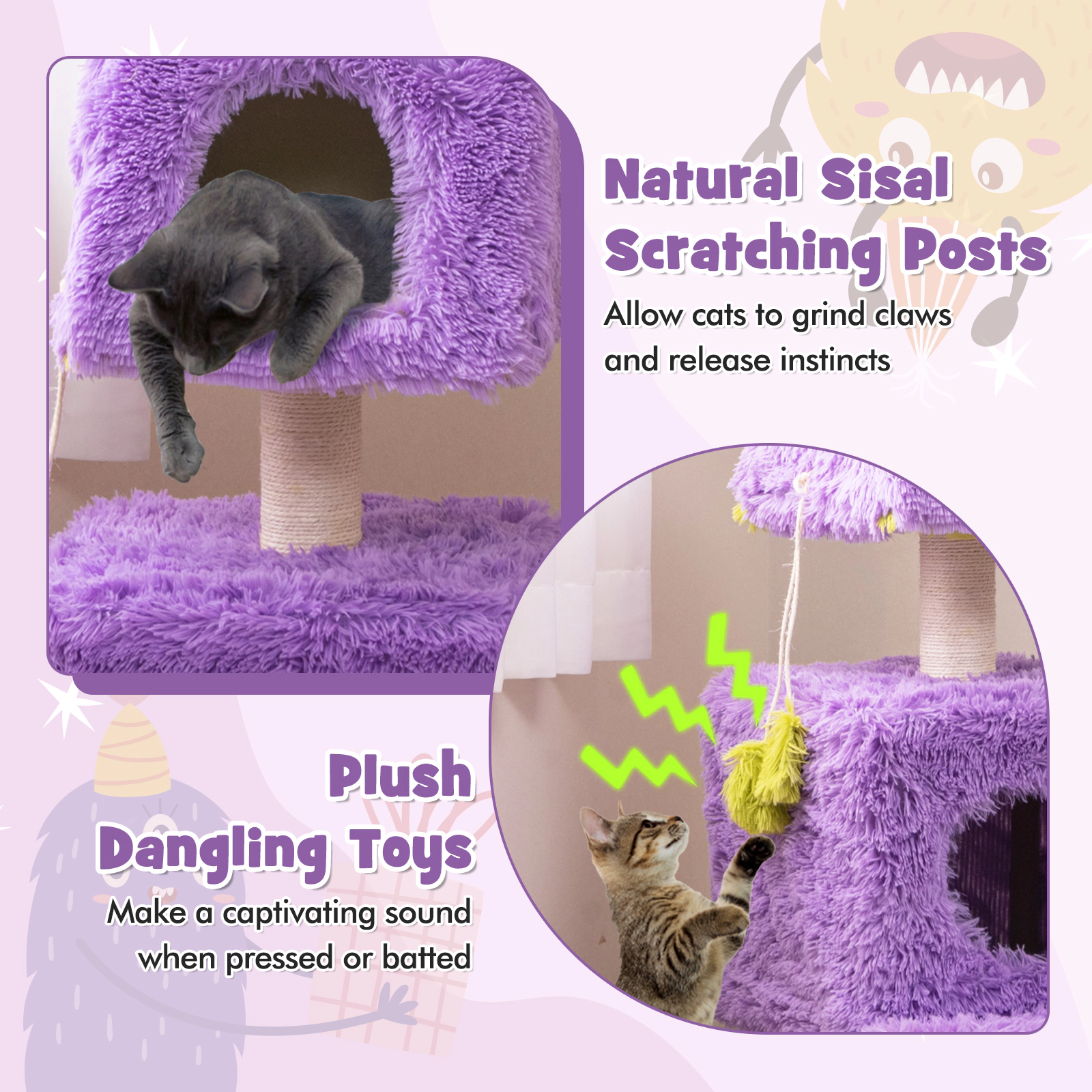 SUGIFT Monster Cat Tower Purple 44 in with 2 Private Condos and Plush Covering