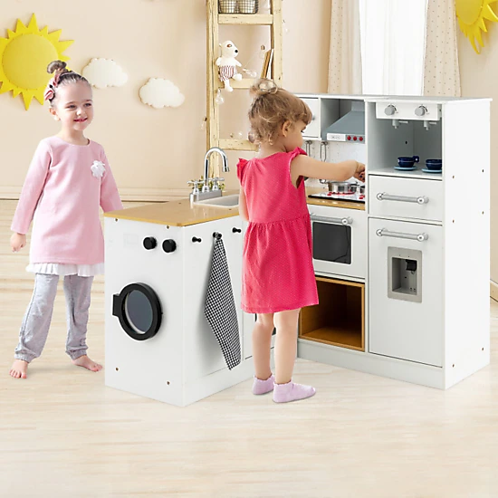 Hivvago 2-Pieces Wooden Kids Kitchen Playset With Light And Sound