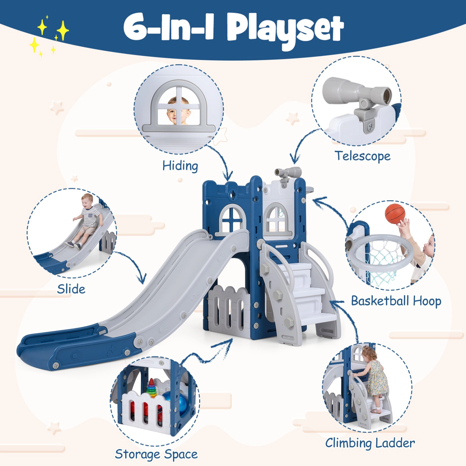 SUGIFT Blue Basketball Hoop and Ladder 6-in-1 Toddler Slide L-Shaped Playground