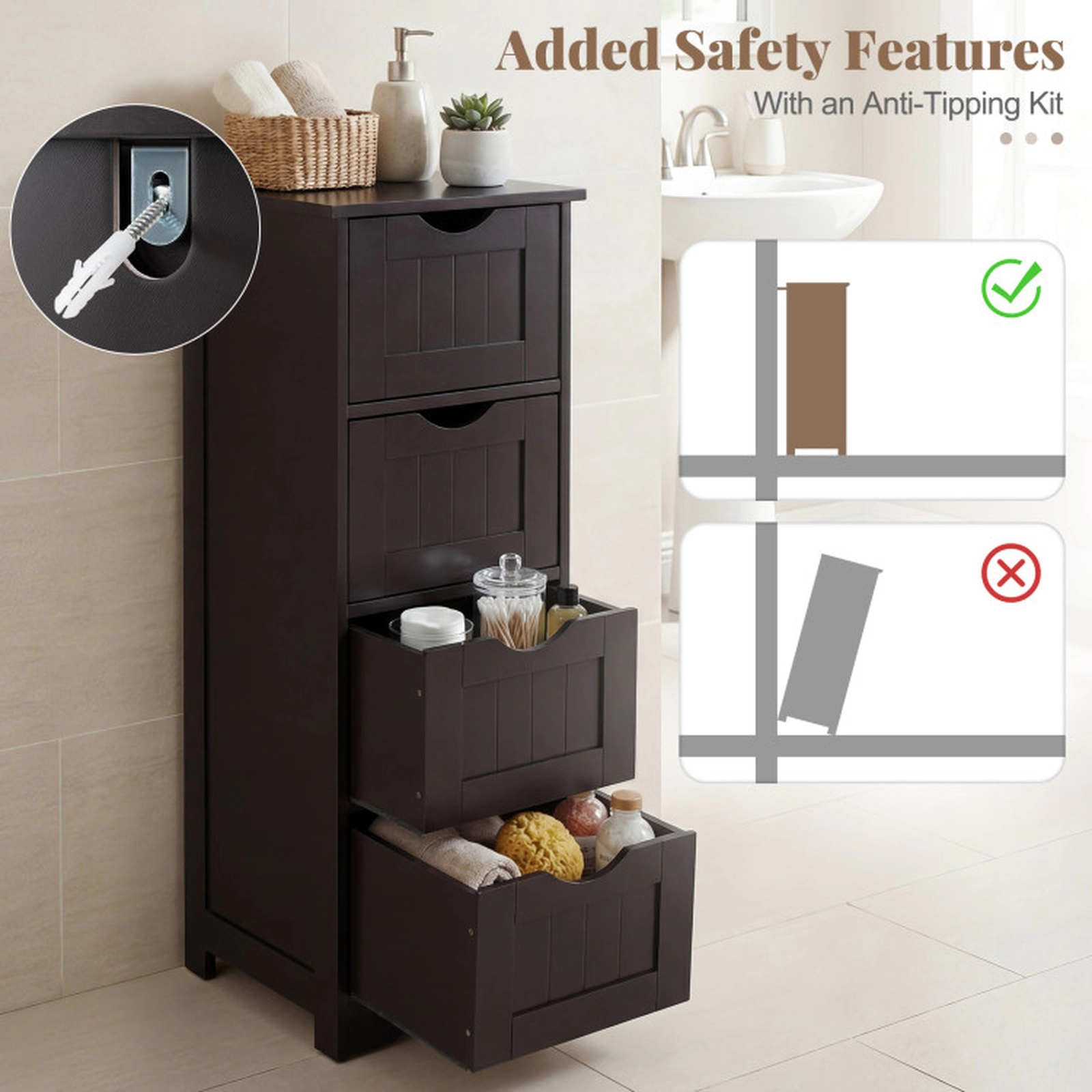 SUGIFT 4-Drawer Freestanding Bathroom Floor Cabinet with Anti-Toppling Device Dark Brown