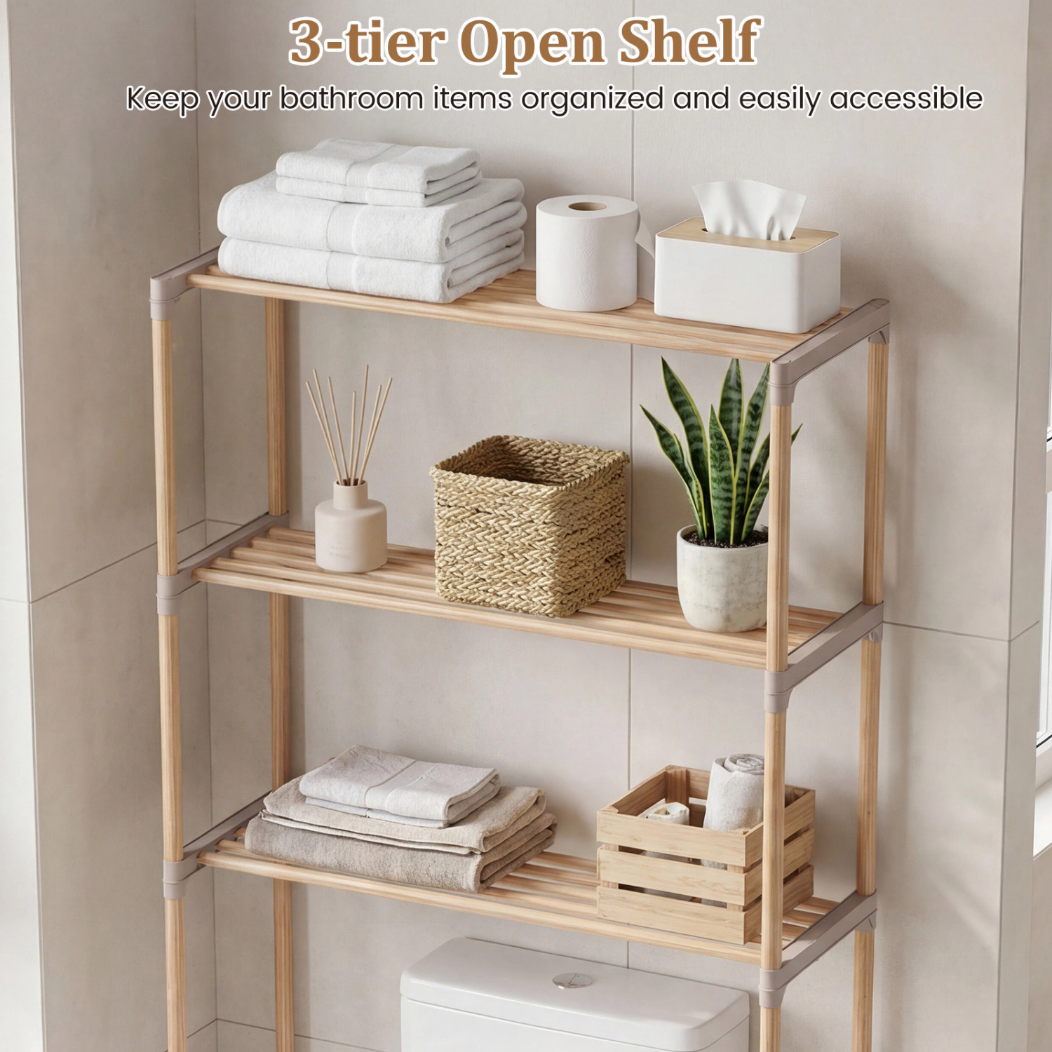 Slickblue Over Toilet Bathroom Shelf 3-Tier 58.5in Pine Wood Grey Storage Rack Laundry