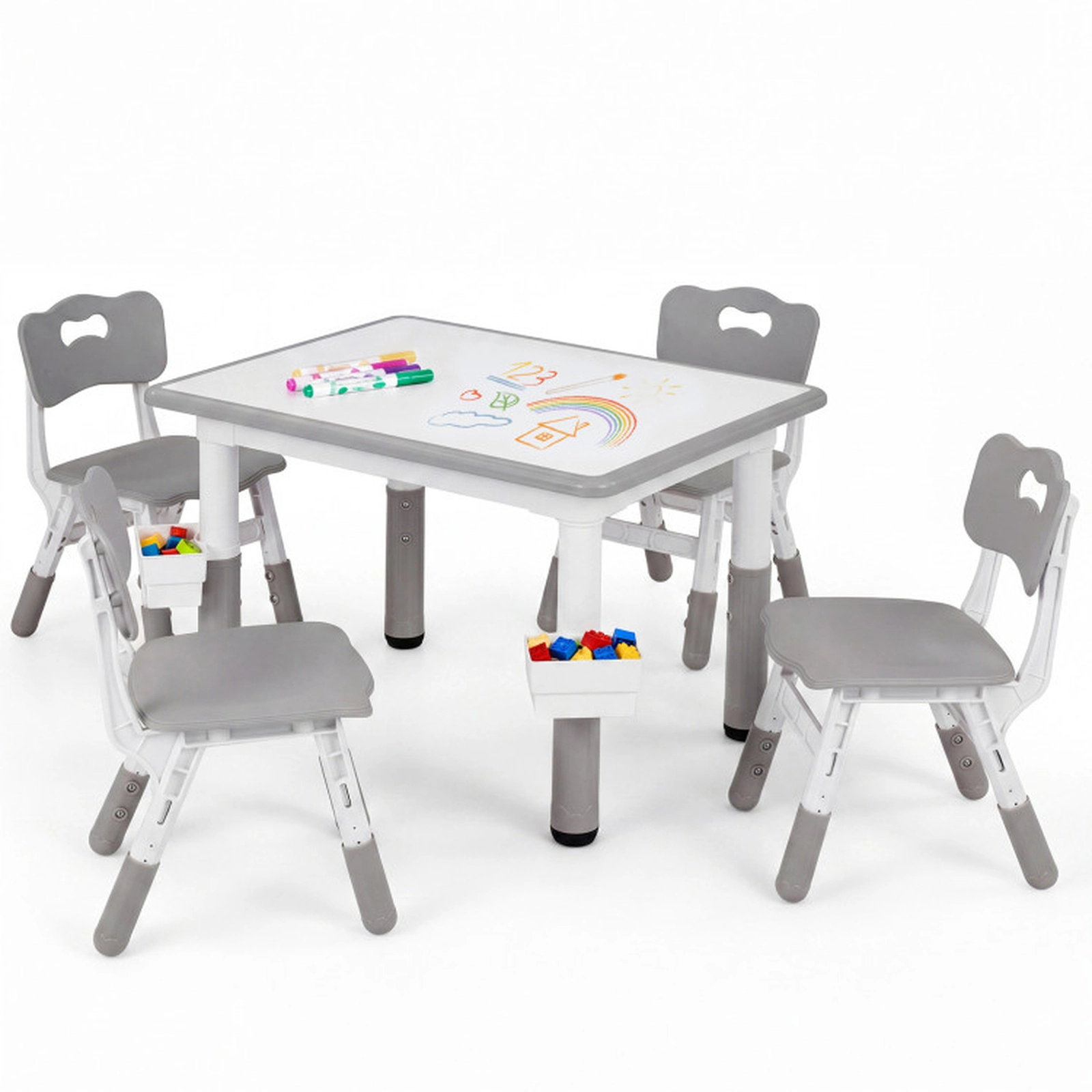 SUGIFT Gray Graffiti Desktop and 2 Storage Baskets Kids Height Adjustable Table and 4 Chairs Set