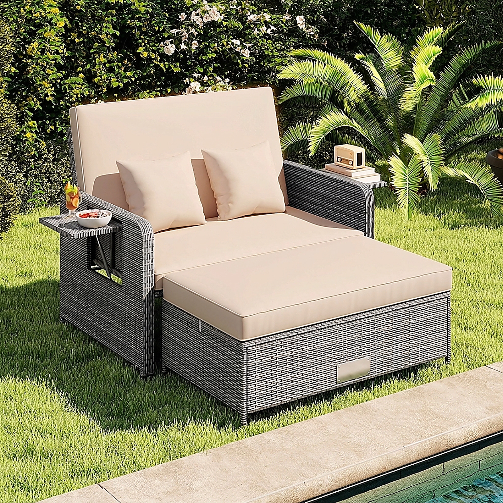 SUGIFT Beige Wicker Patio Loveseat Daybed with Adjustable Backrest, Ottoman and Trays