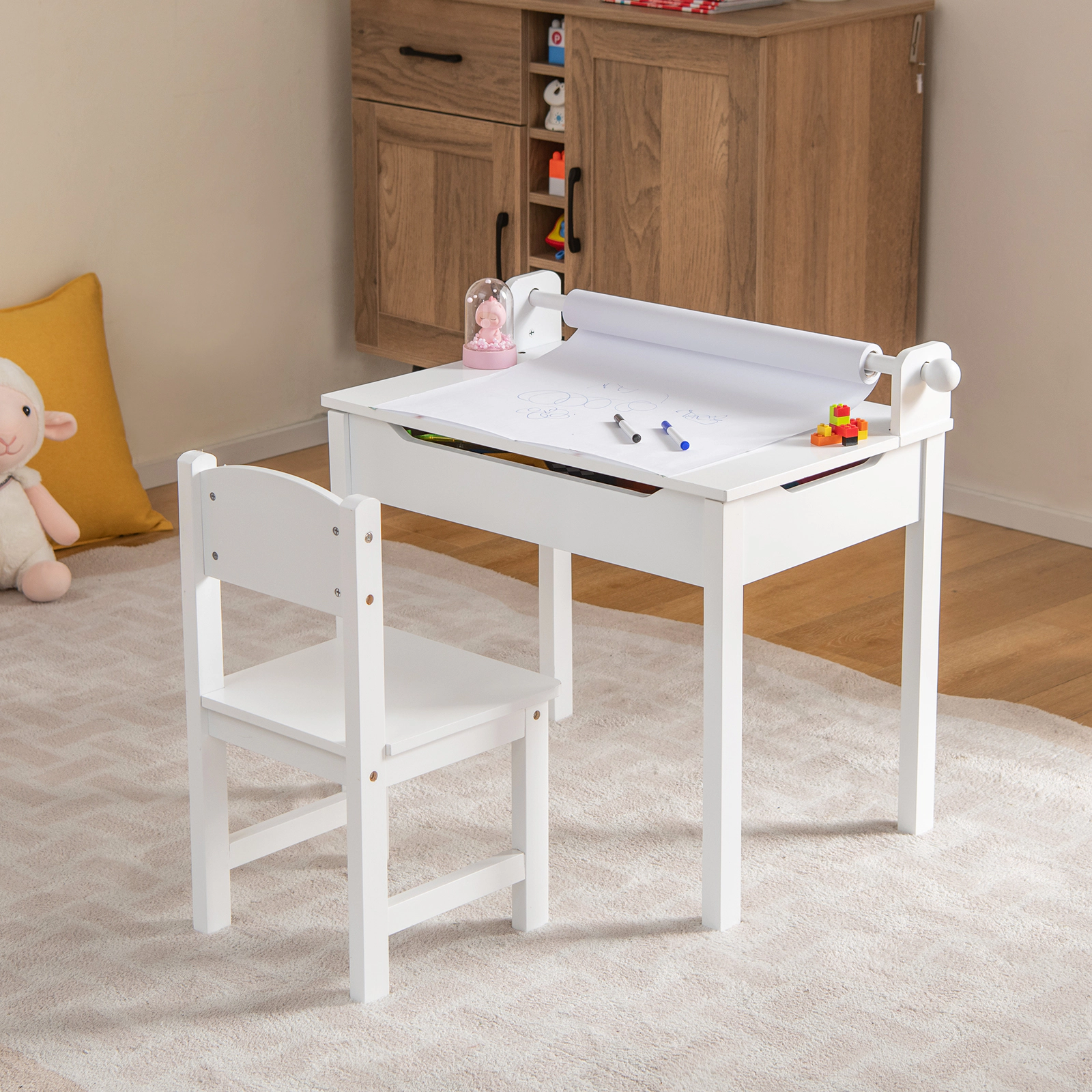 SUGIFT Kids Art Table and Chair Set, Wooden Craft Desk with Paper Roll Holder and Tilting White Tabletop