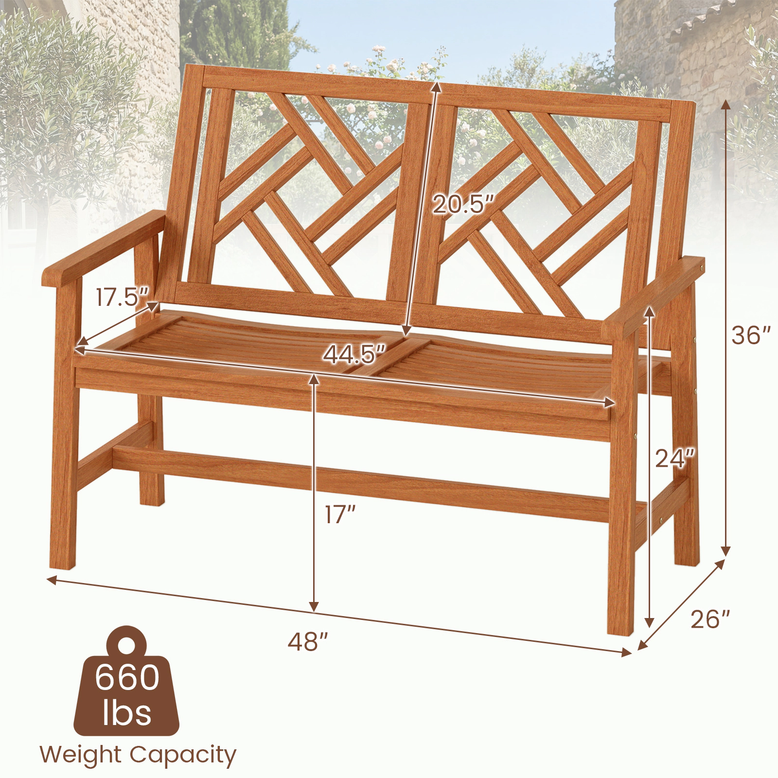 SUGIFT 48 in Outdoor Bench Natural Hardwood 2-Person Patio Loveseat with Geometric Backrest