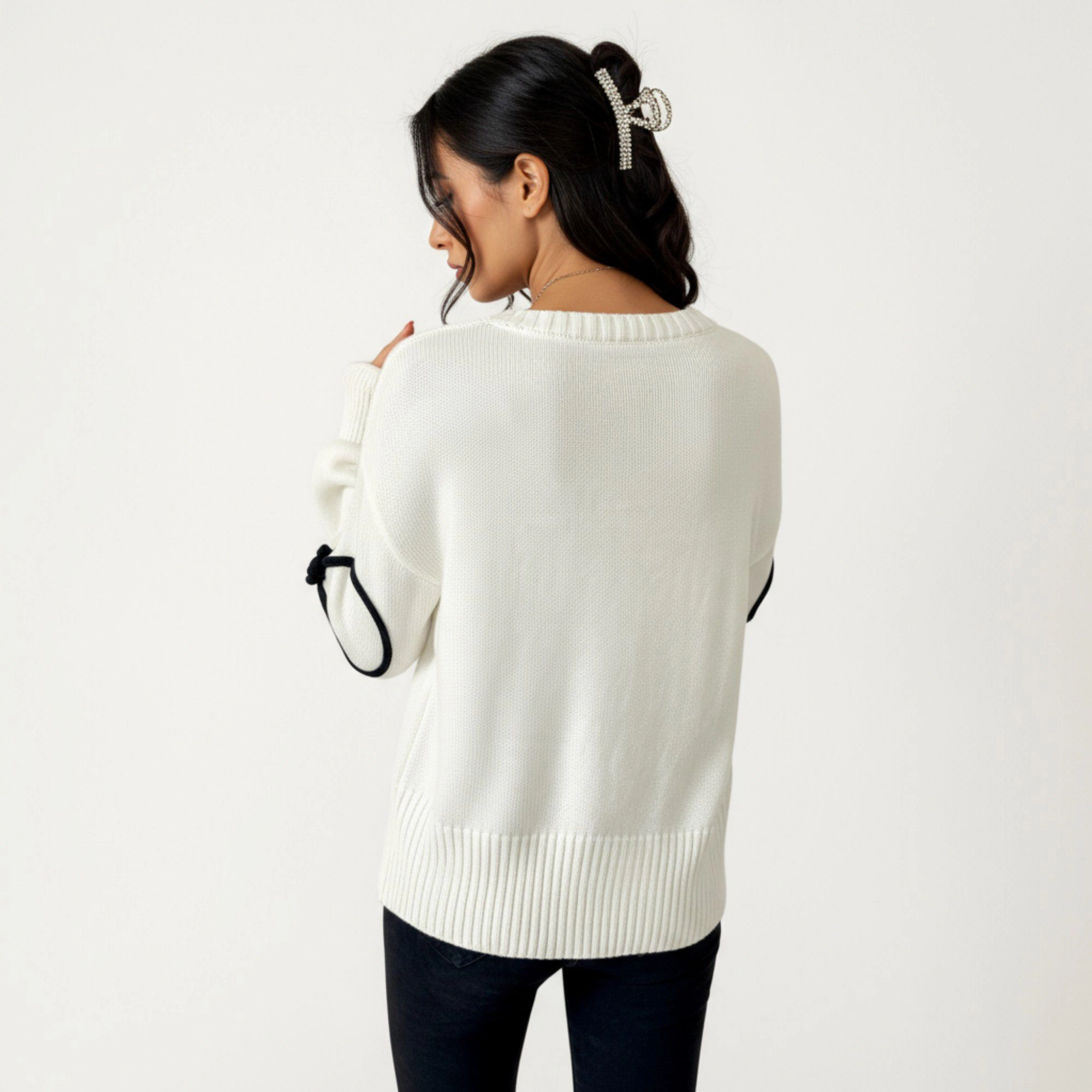 Anna-Kaci Women's Oversized Bow Embroidery Ribbed Trim Long Sleeve Knit Sweater