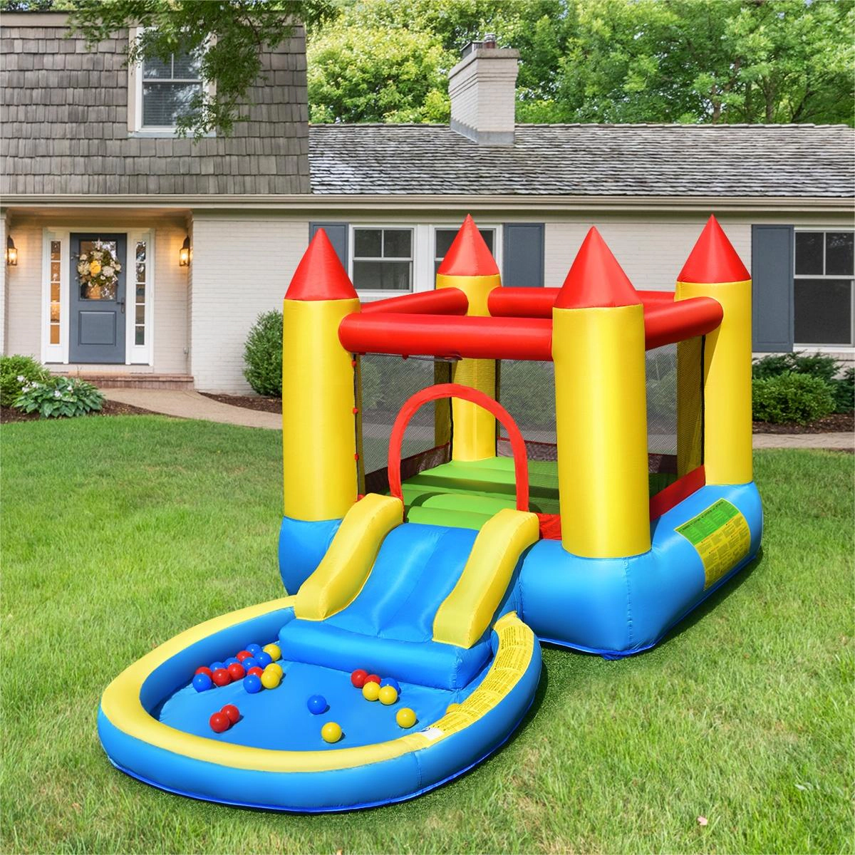 SUGIFT Inflatable Kids Slide Bounce House with 550 w Blower 150-lb Capacity Ages 3-5 Years Colorful 2-Child Design