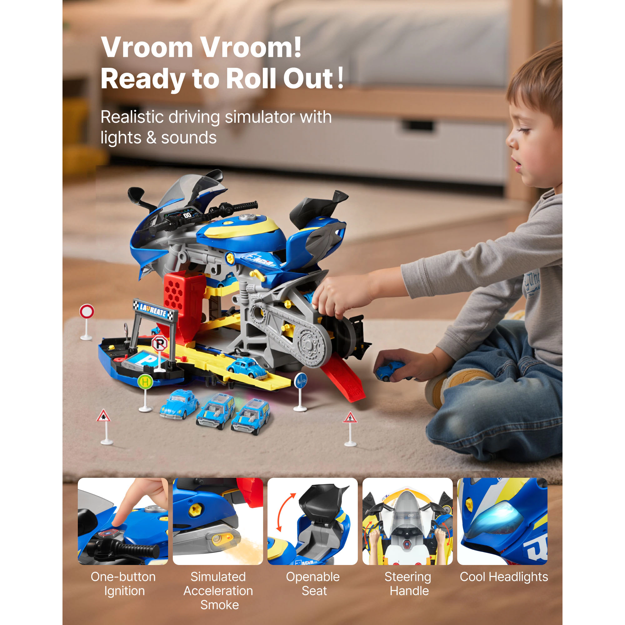 HONGGE Motorcycle Engine Toy 25 Pieces Mechanic with Removable Parts Lights & Sounds Simulated Riding
