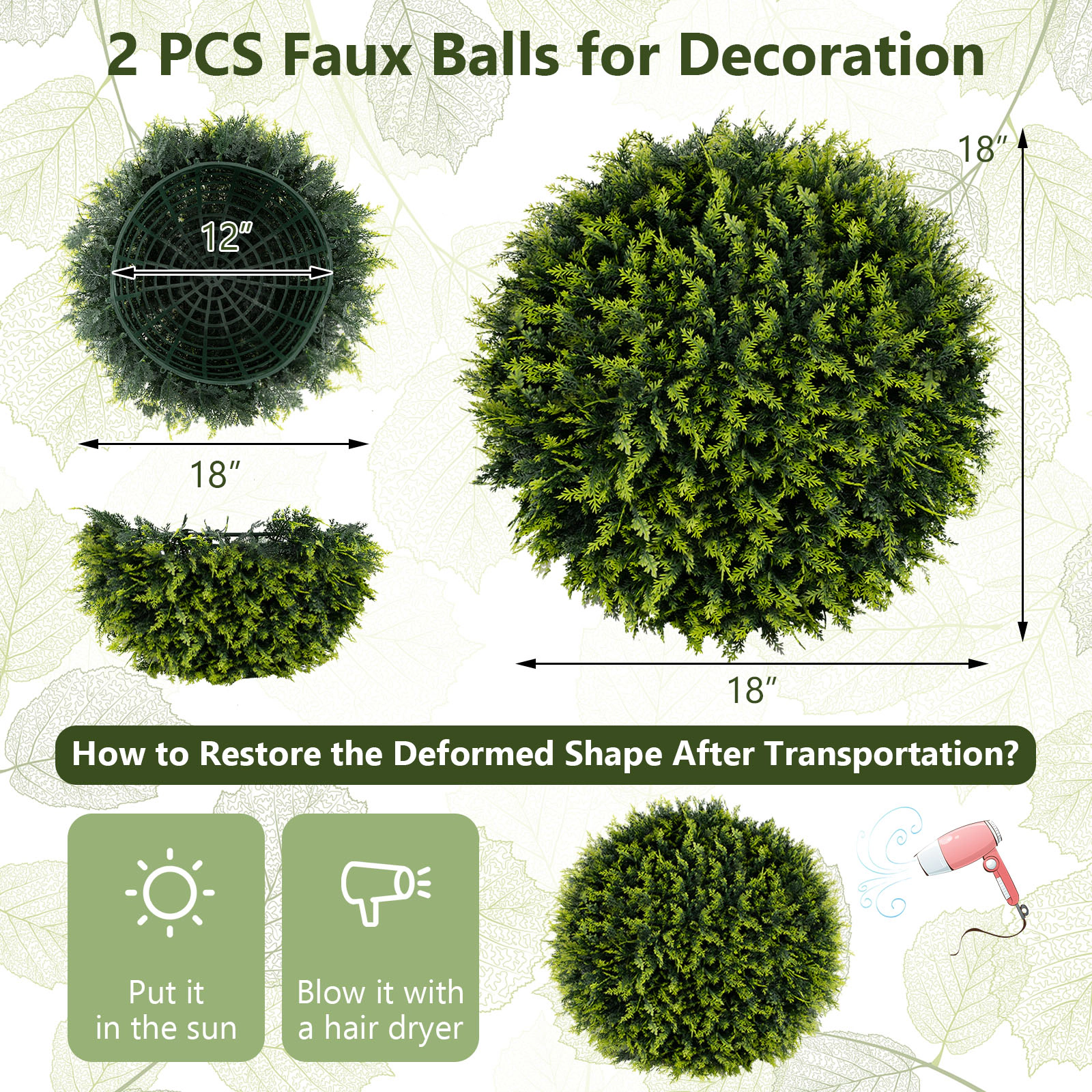 SUGIFT Set of 2 18-in Artificial Cedar Topiary Balls with Multi-Tone Green Leaves and Interlocking Halves
