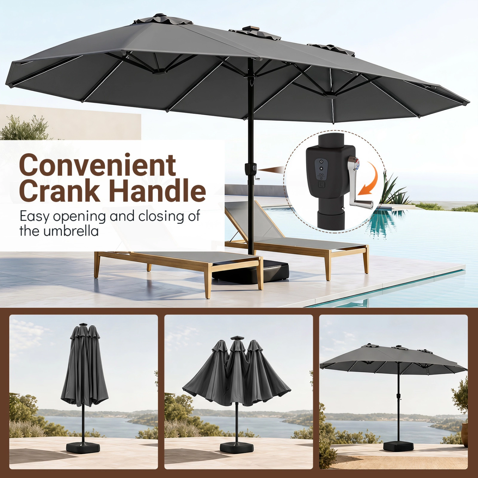 SUGIFT 15.5-ft Gray Extra-Large Rectangular Patio Umbrella with 144 Solar LED Lights