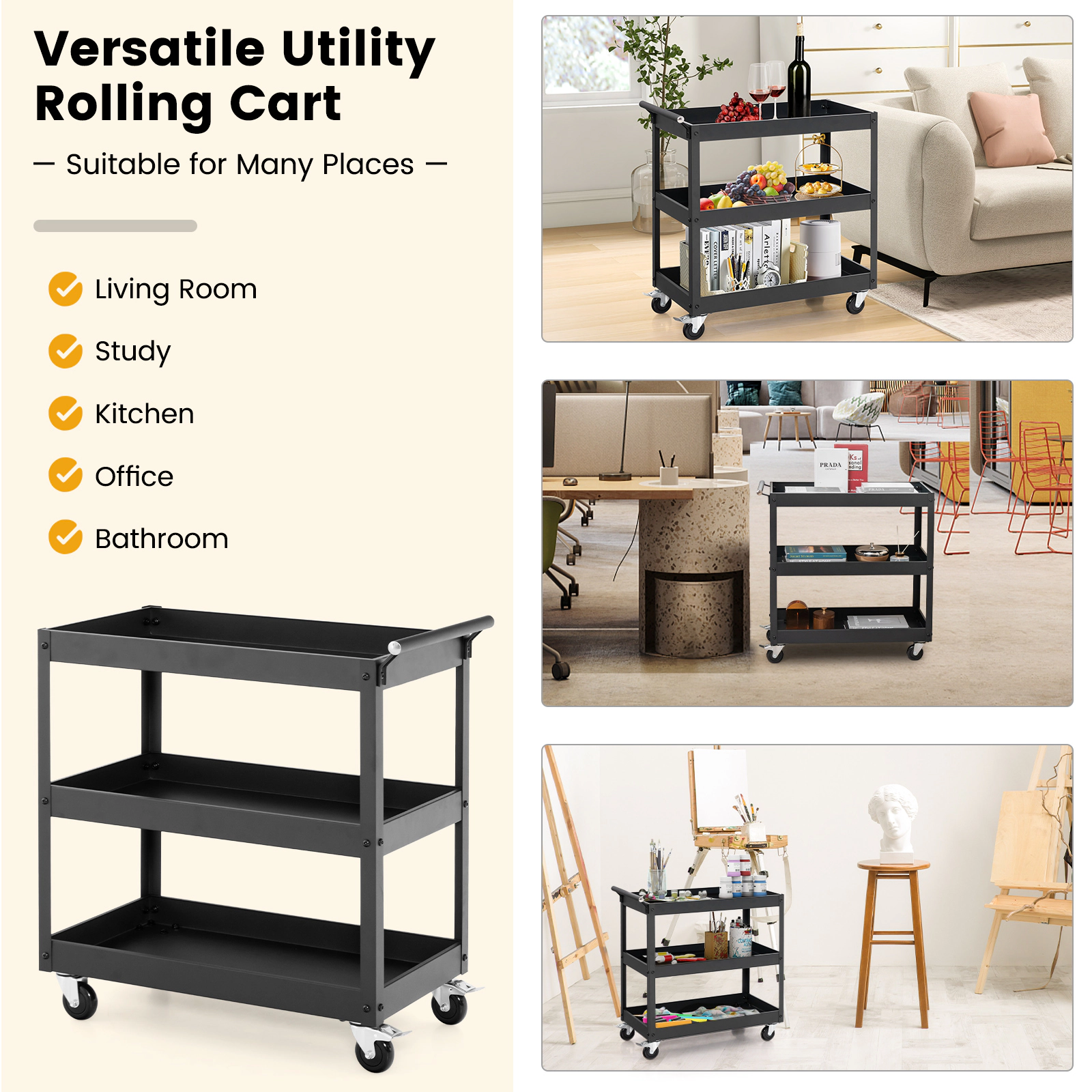 SUGIFT 3-Tier Rolling Utility Cart with Handle and 360° Wheels 110-lb Capacity per Tier Black/Red
