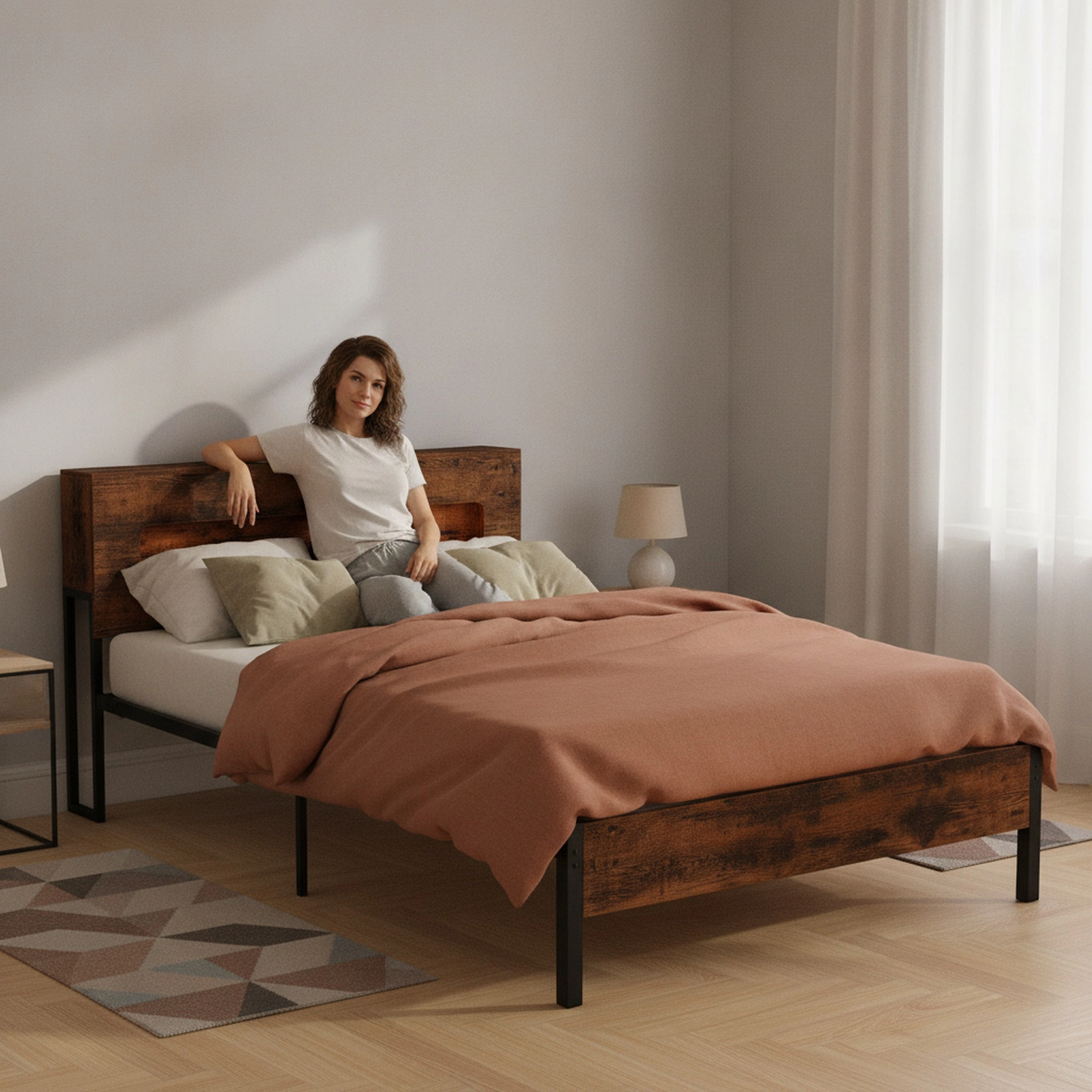 SUGIFT Full Platform Bed Frame with LED Storage Headboard, Full Size, Rustic Brown and Black